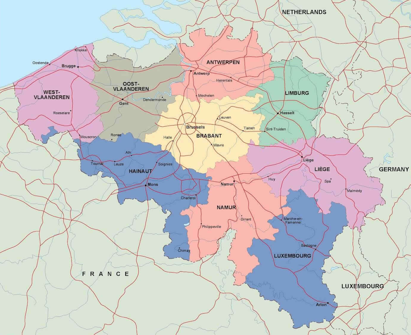 Belgium cities political map with regions