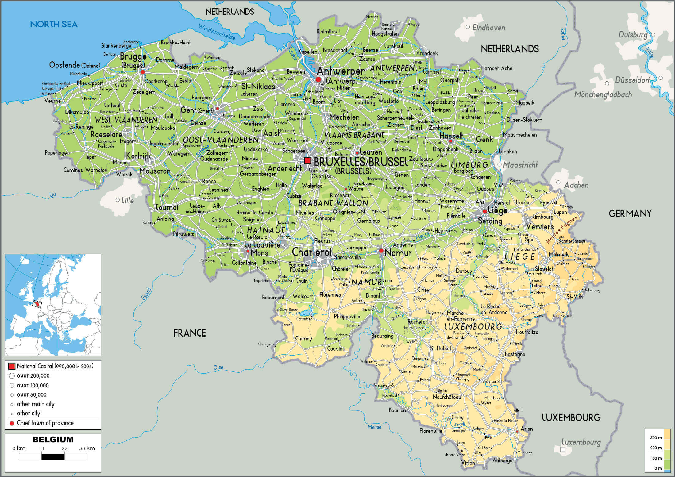 Belgium large physical map with brusssel