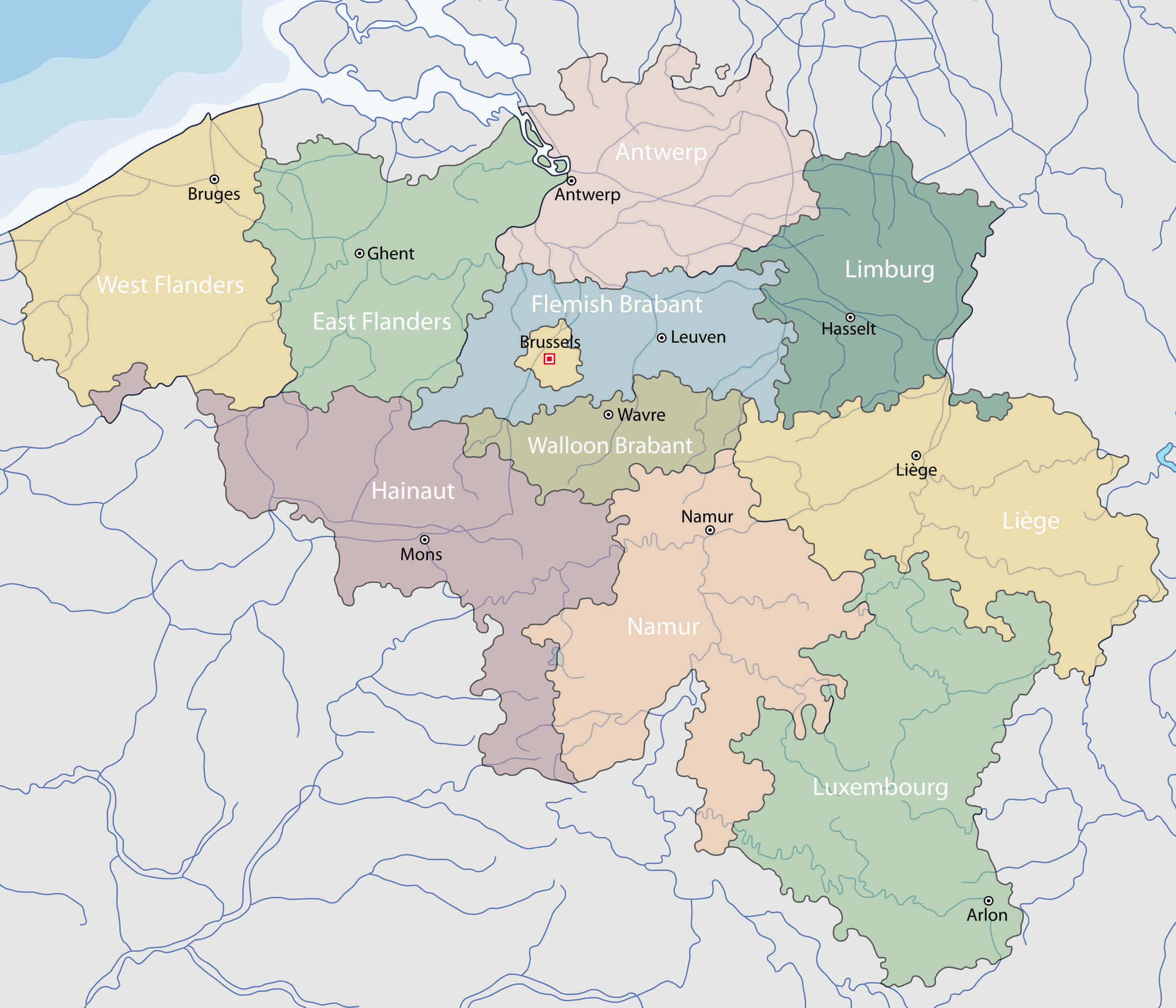 Belgium main cities and provinces map
