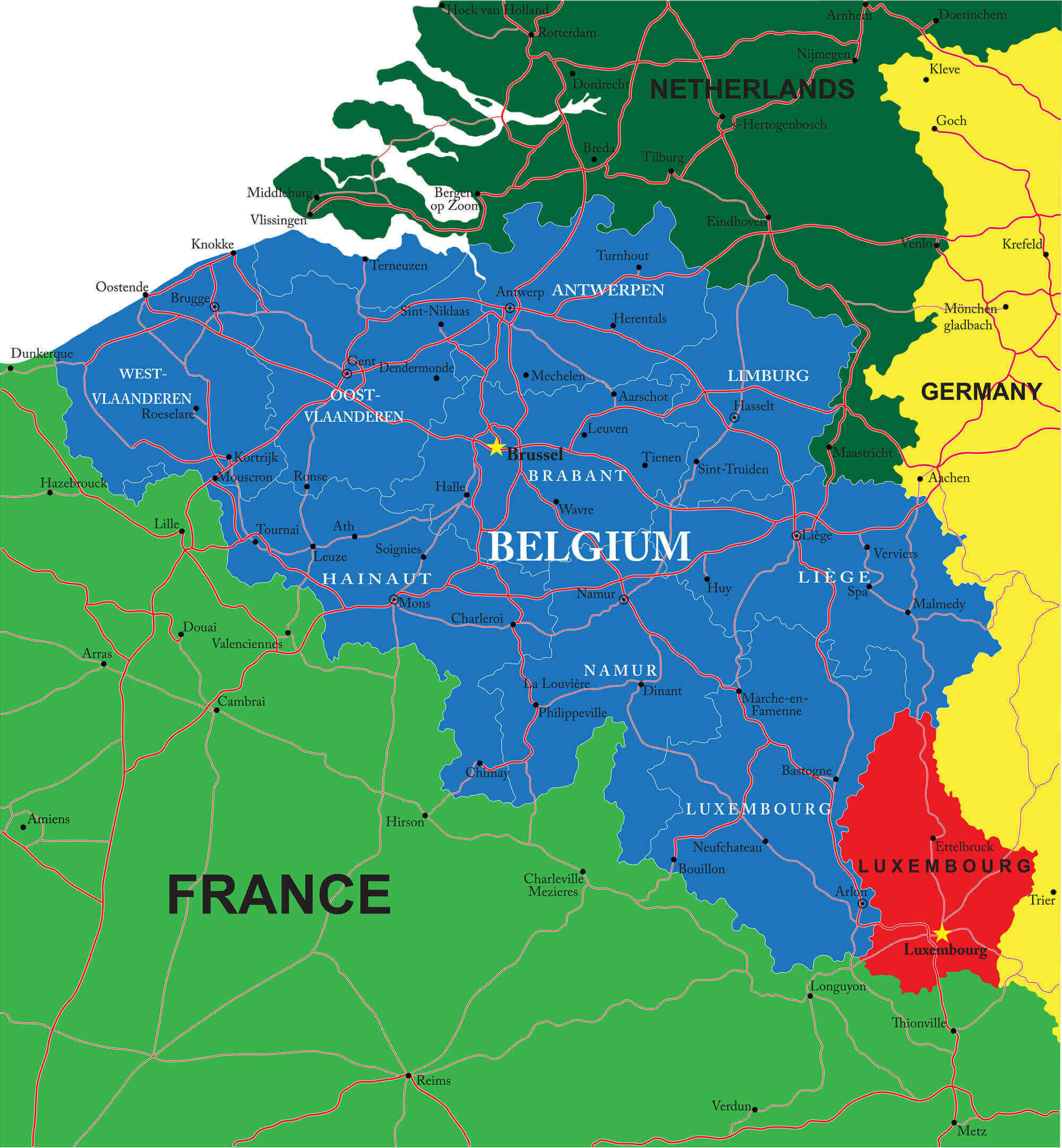 Belgium major cities map with roads