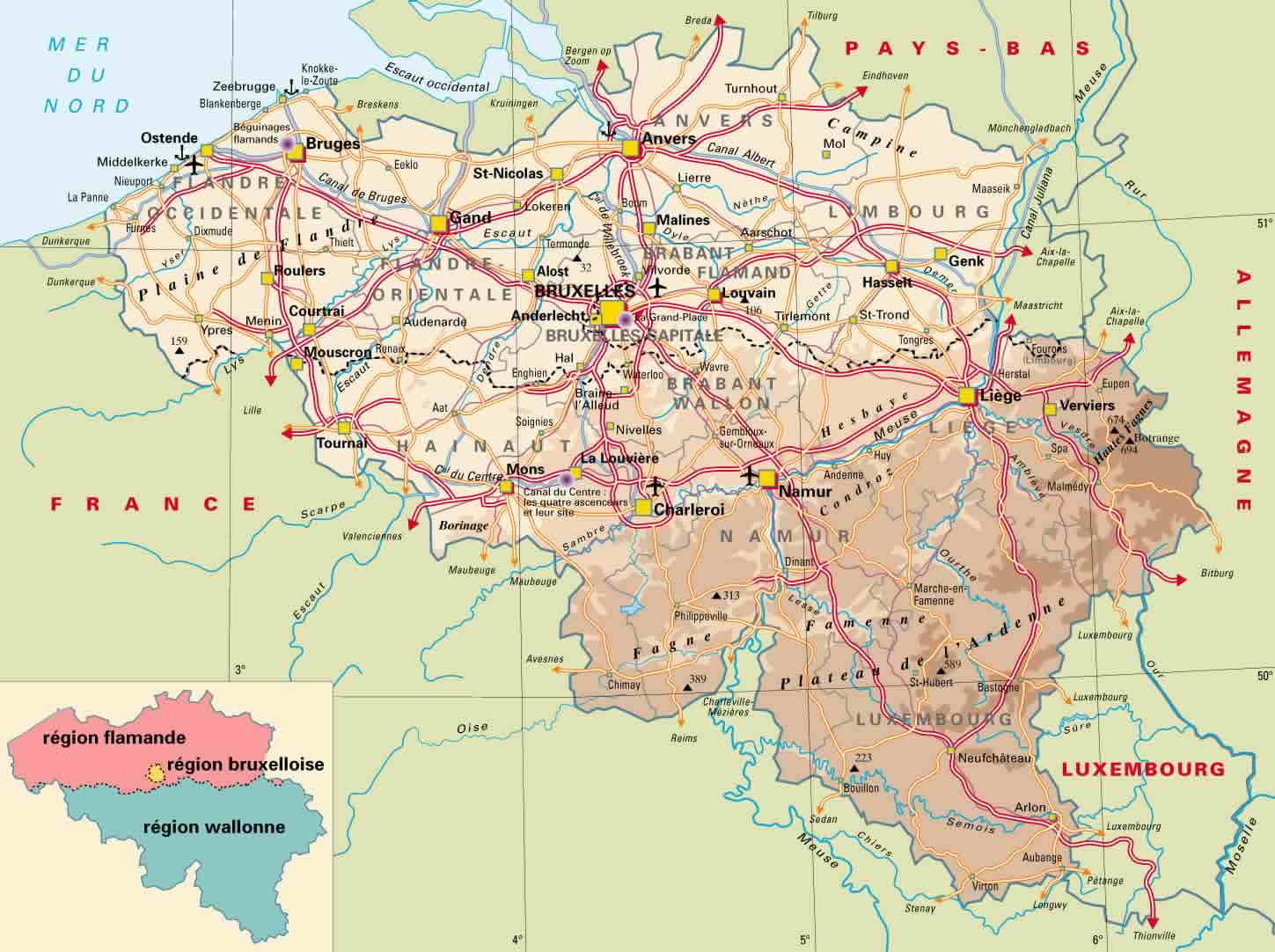 Belgium physical and cities map