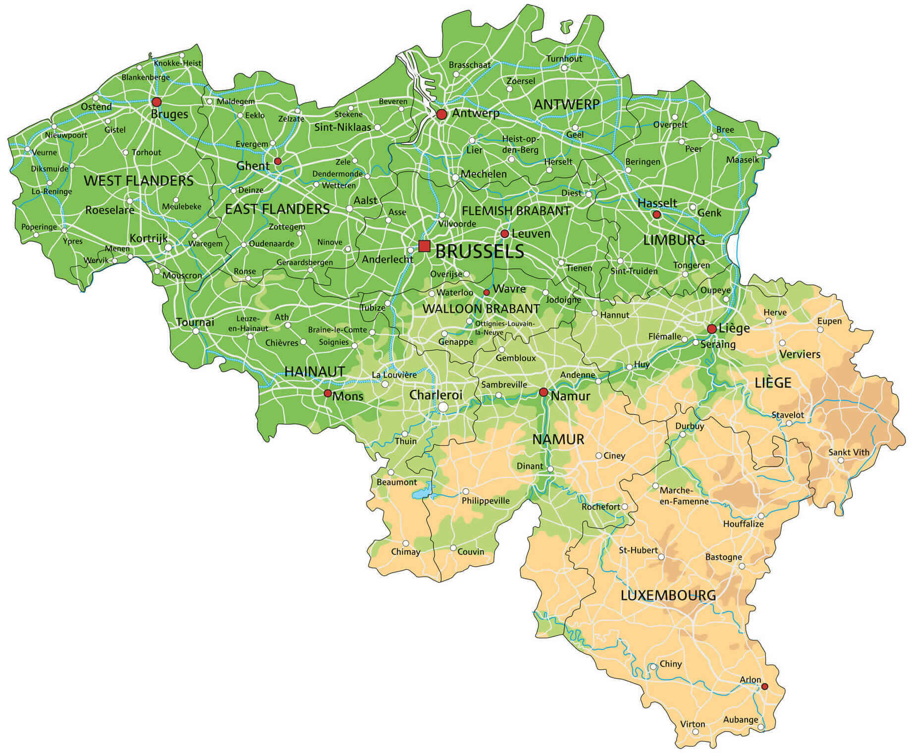 Belgium physical map with cities