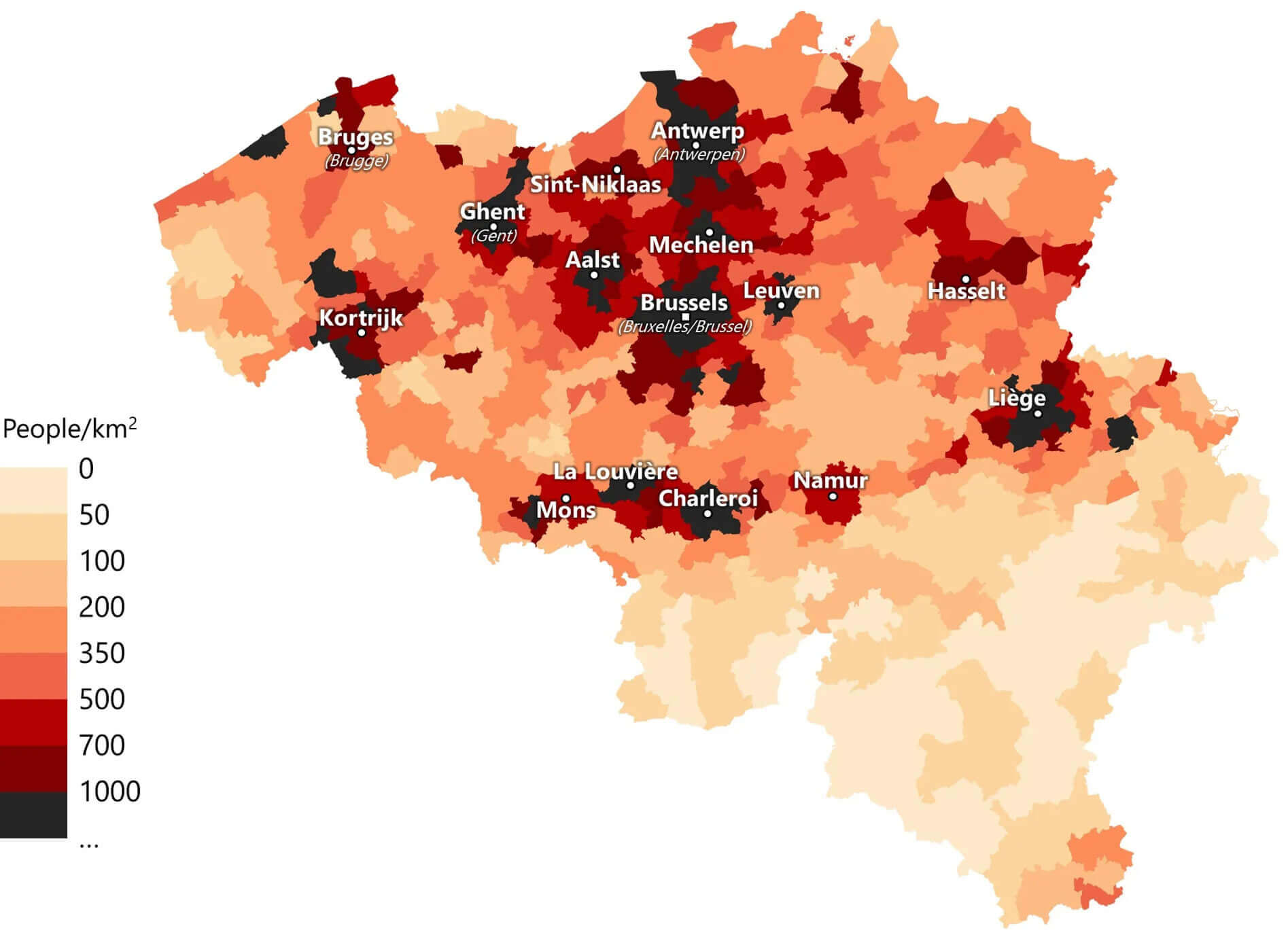 Belgium population density map with largest cities