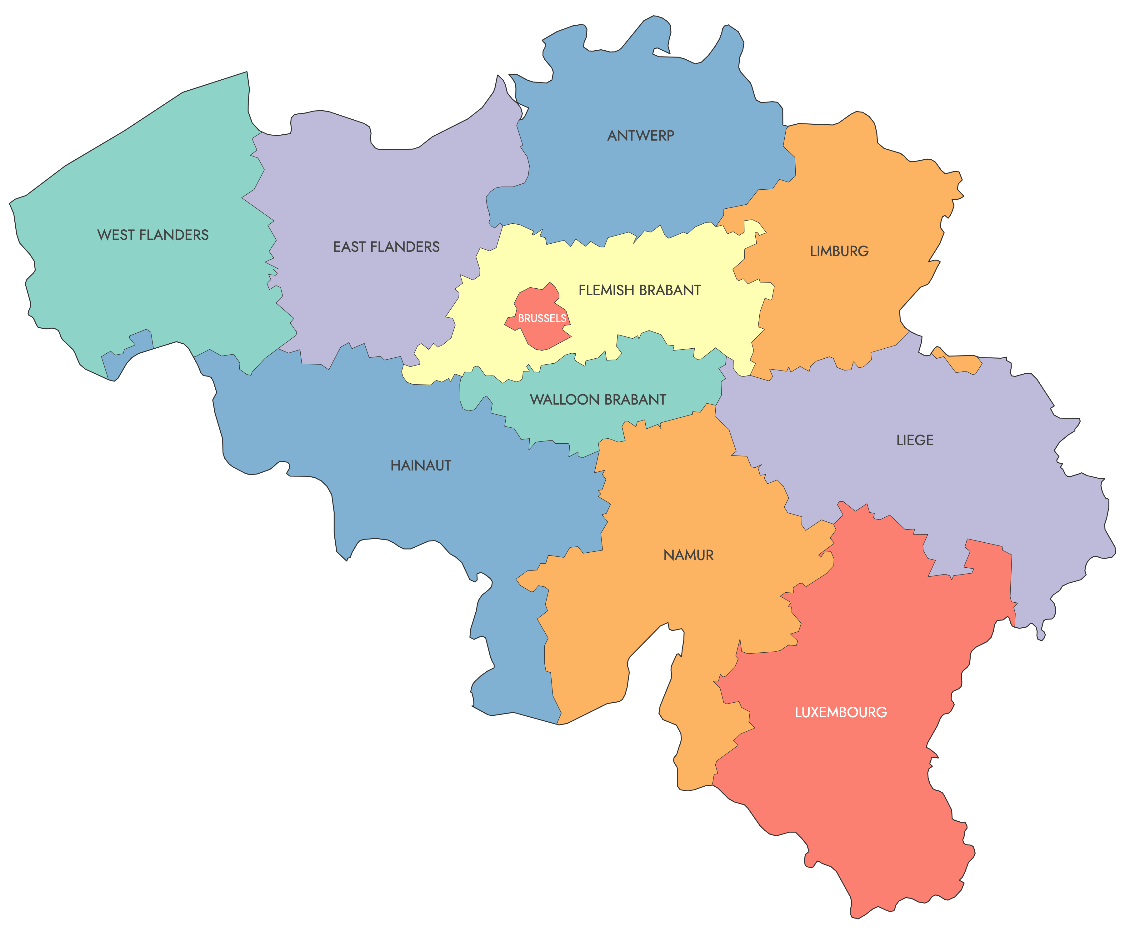 Colored map of Belgium provinces with high resolution