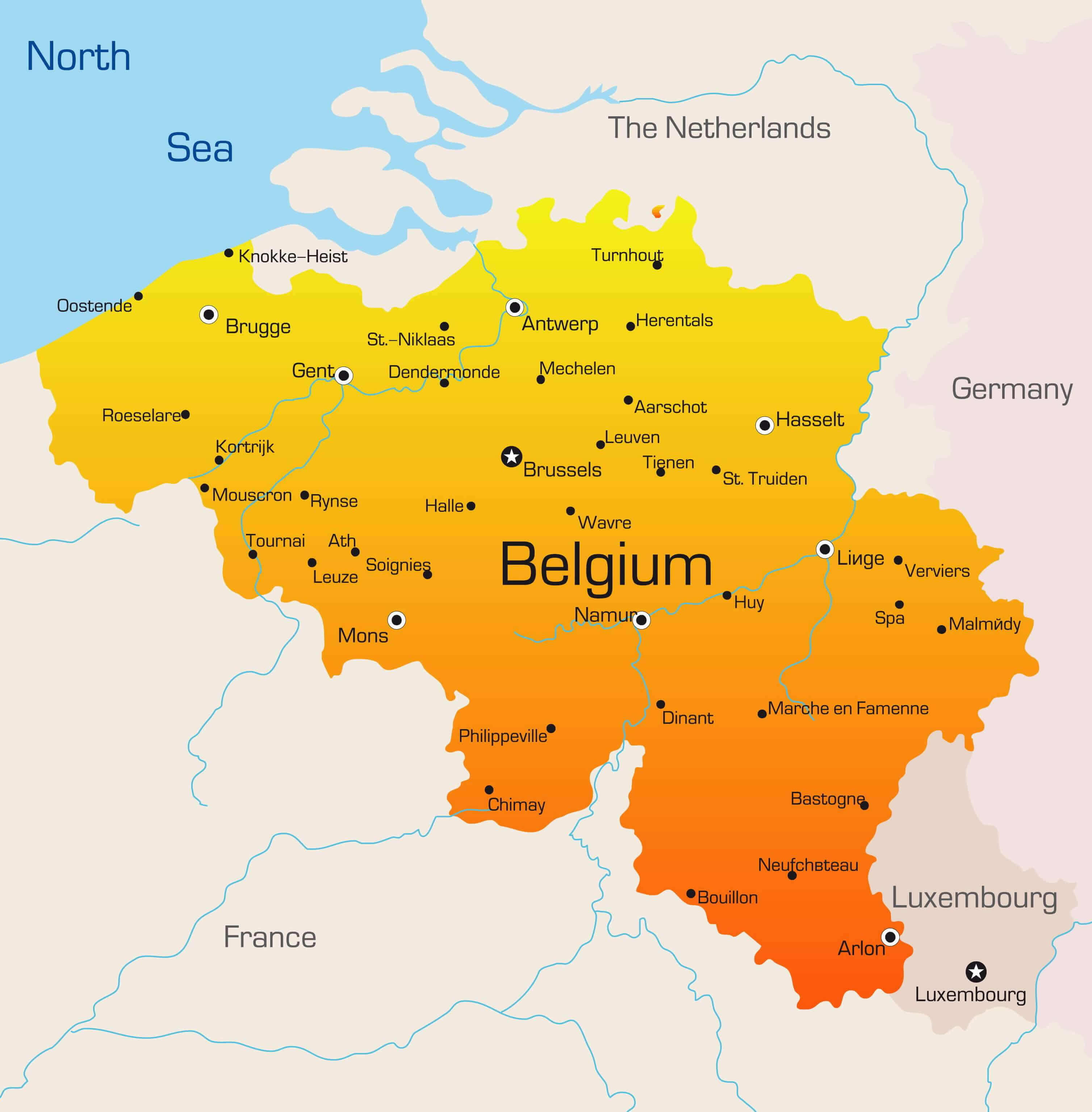 High-Resolution Belgium Major Cities Map