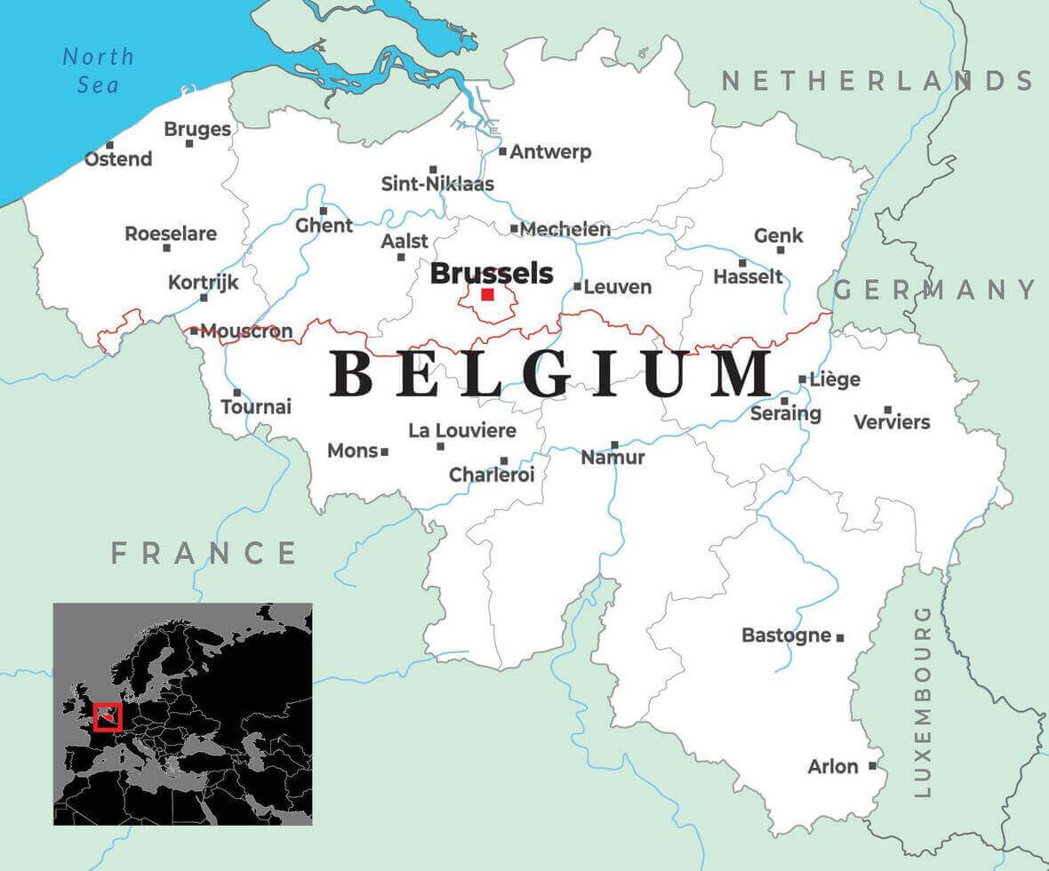 Map of Belgium major cities borders with neighboring countries