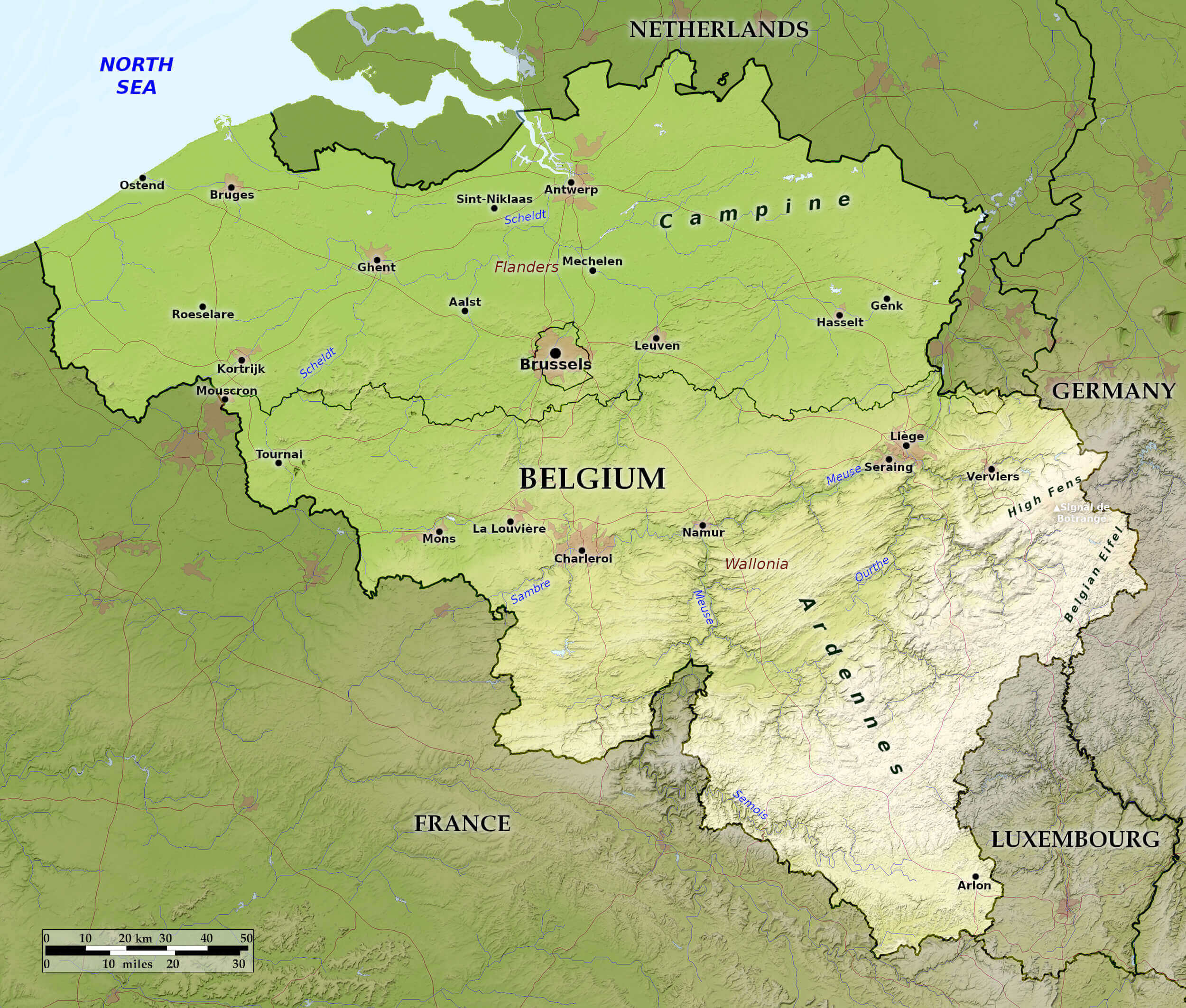 Relief map of Belgium metro cities