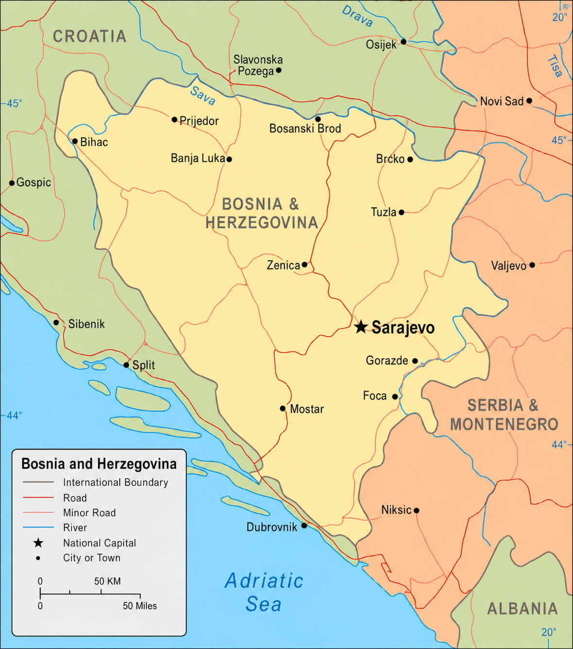 Bosnia and Herzegovina detailed political map