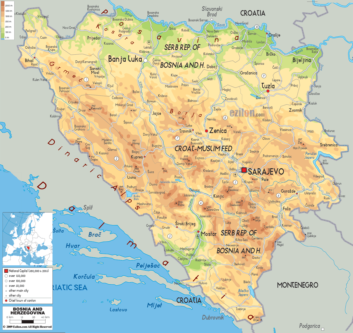 Bosnia and Herzegovina physical map