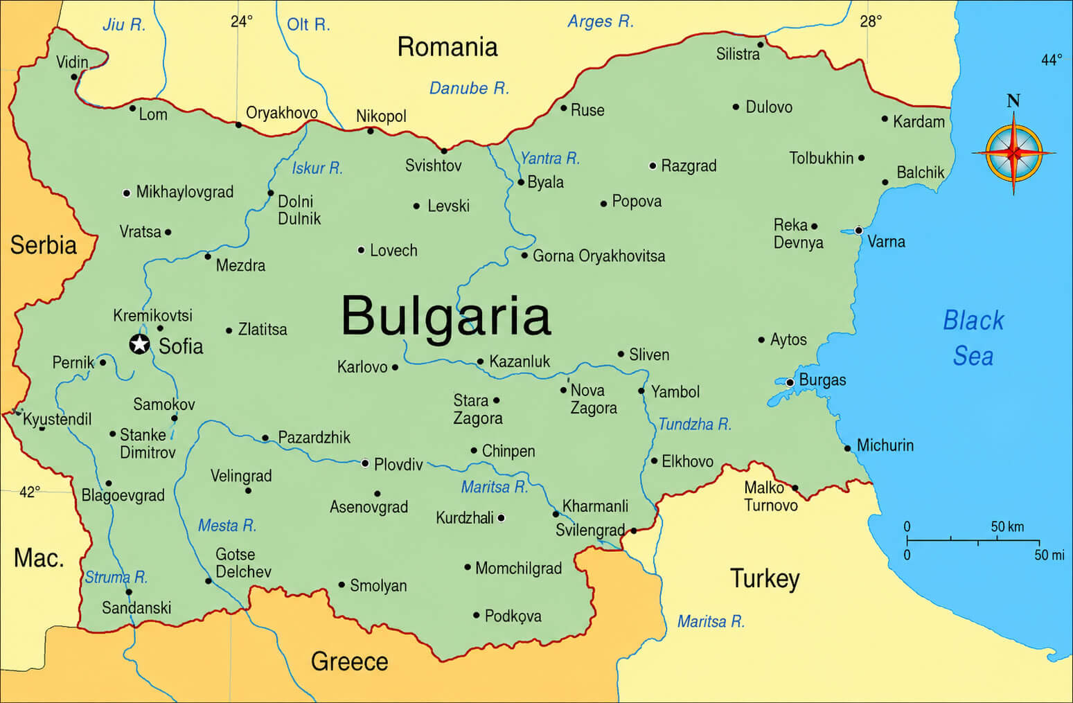 Bulgaria cities and rivers map