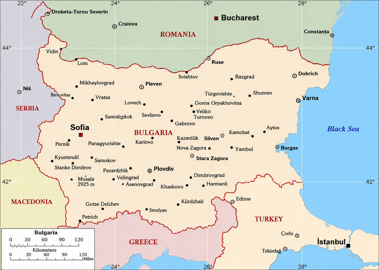 Bulgaria major cities map