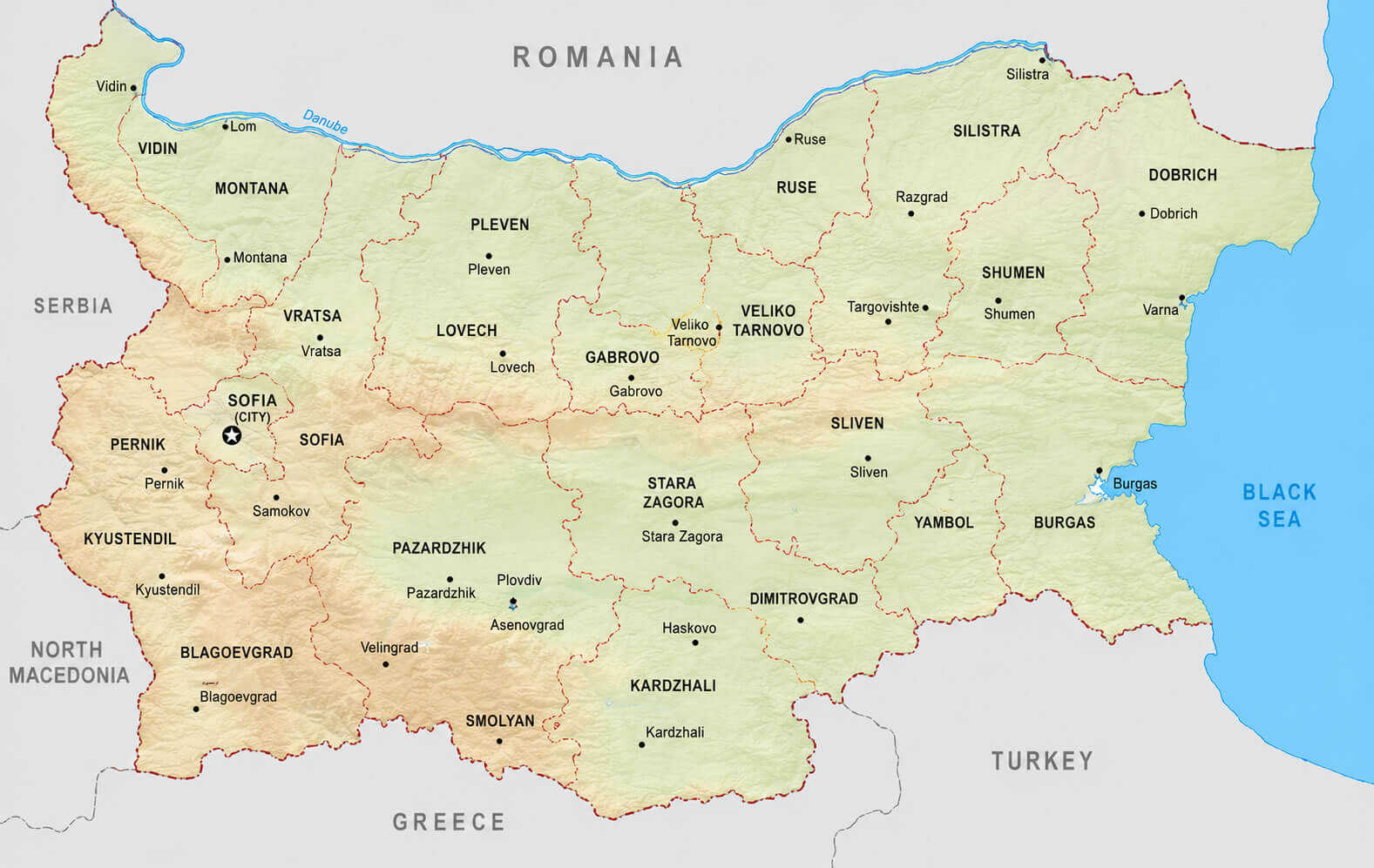 Bulgaria geographic map with provinces