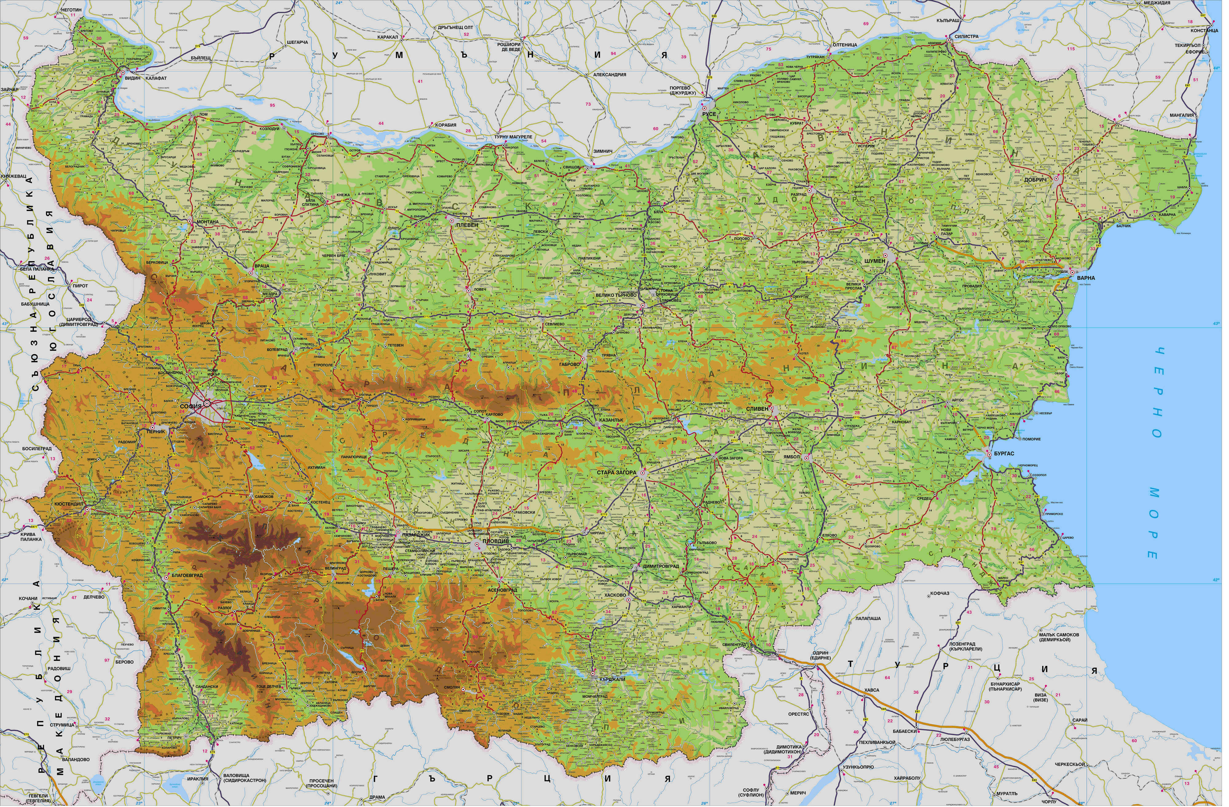 Bulgaria physical map in Bulgarian