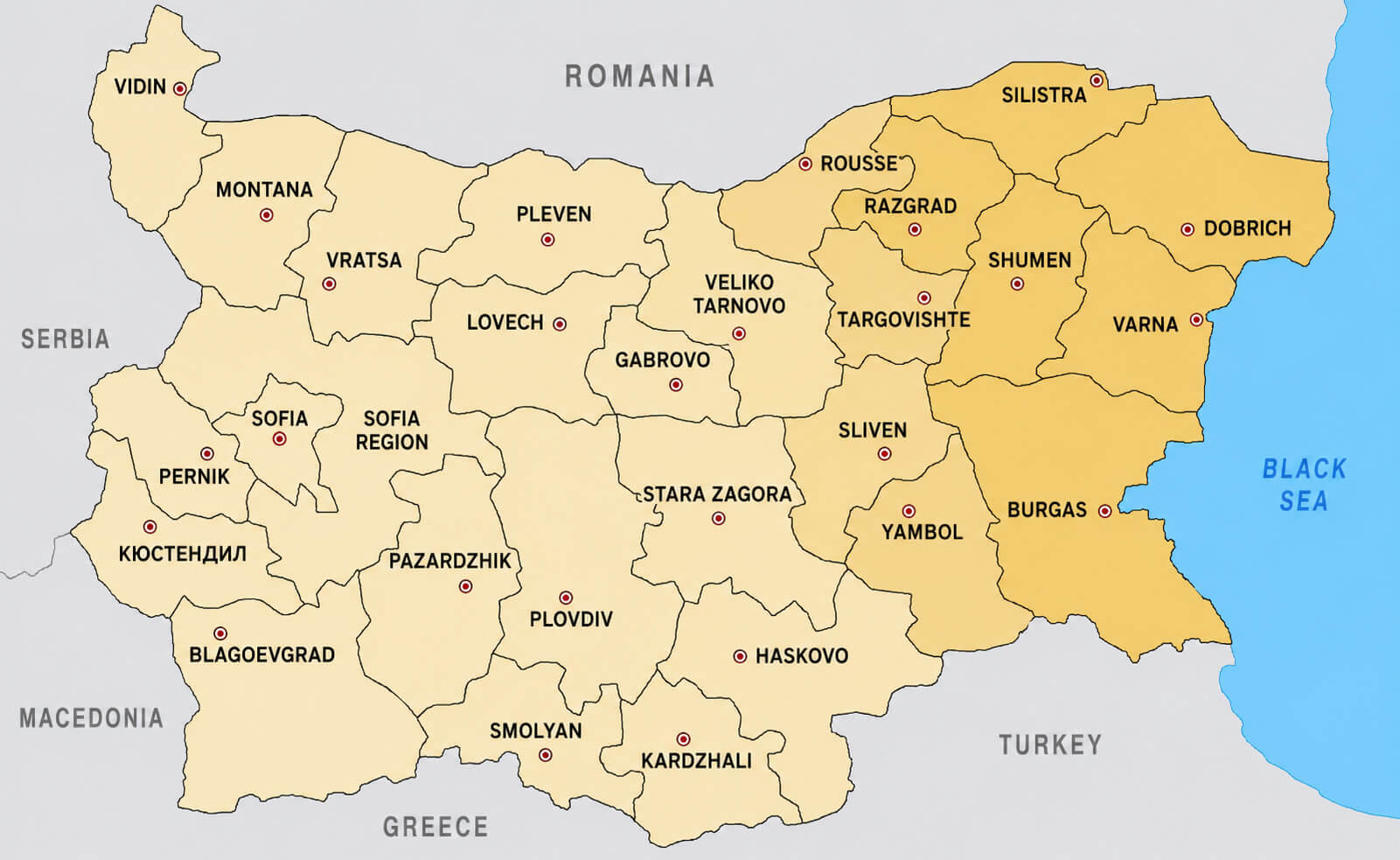 Bulgaria cities map with regions
