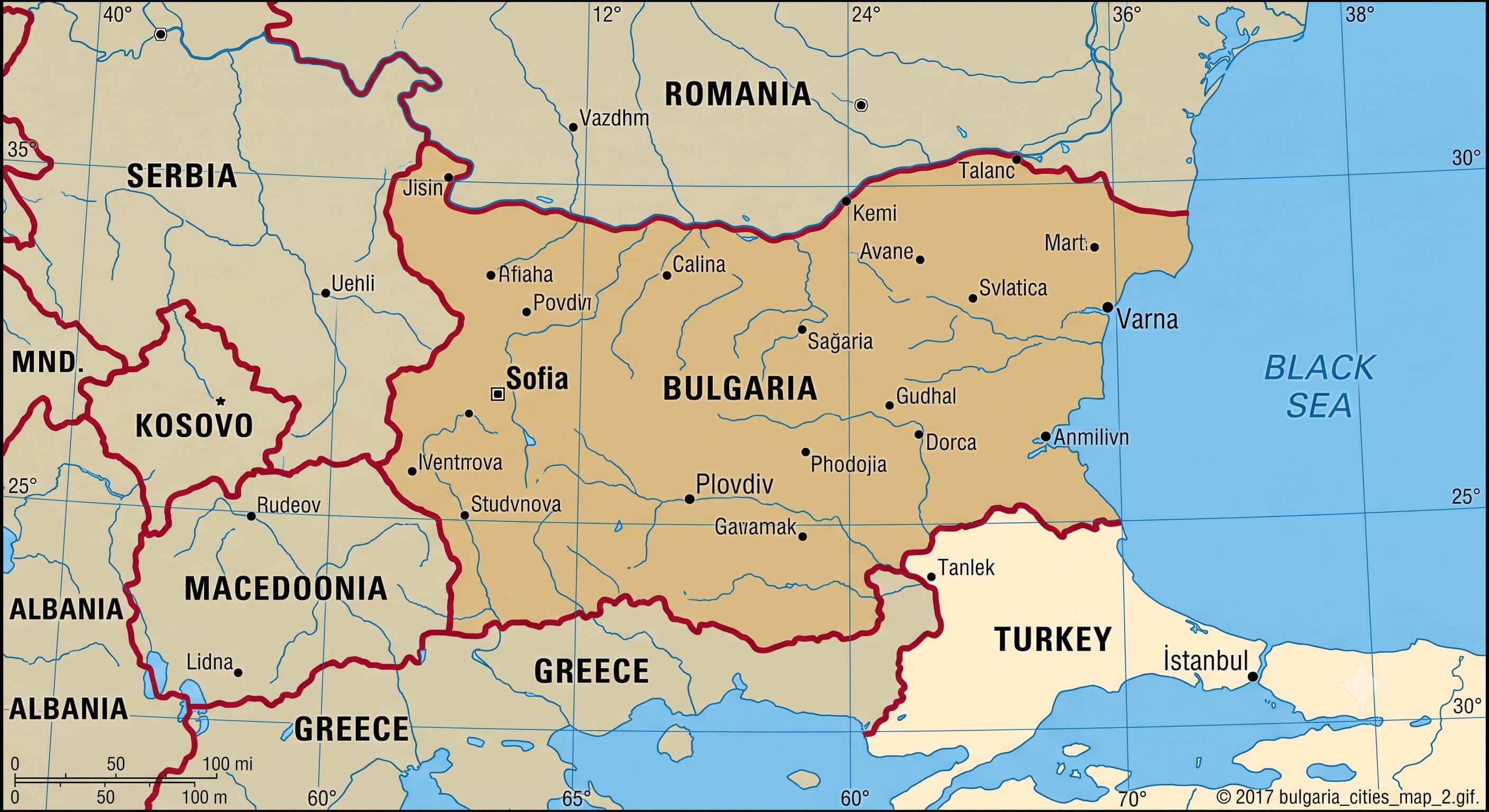 Bulgaria cities map with rivers