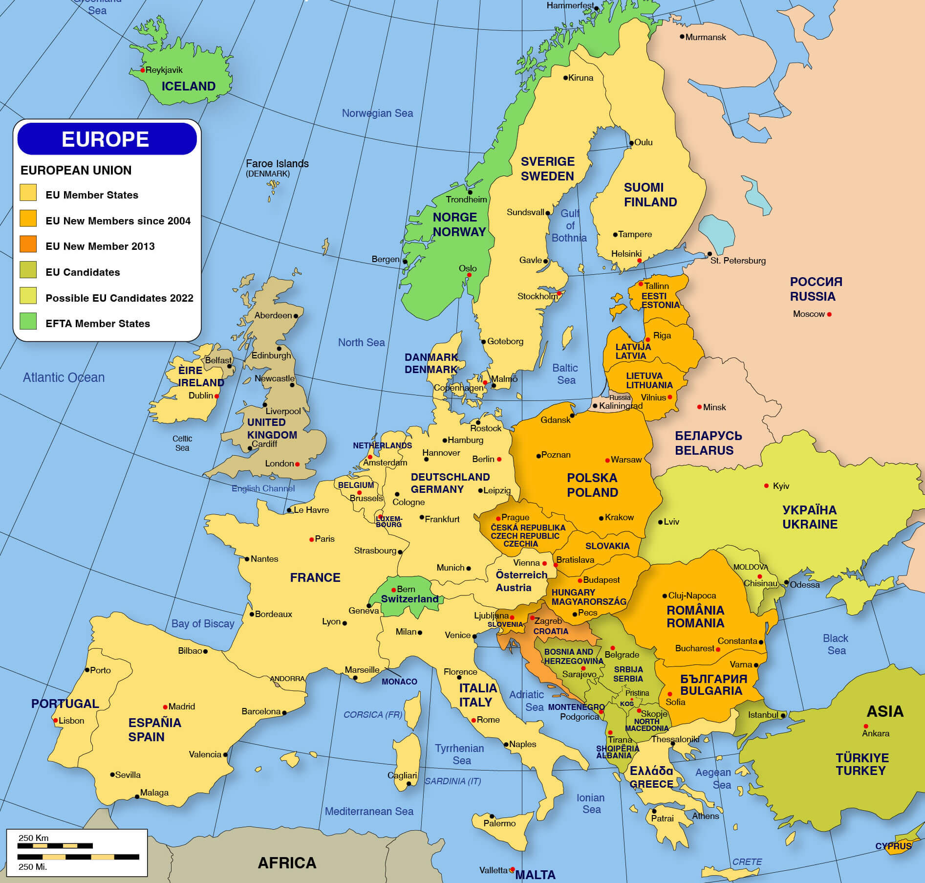 EU countries map of Europe with cities