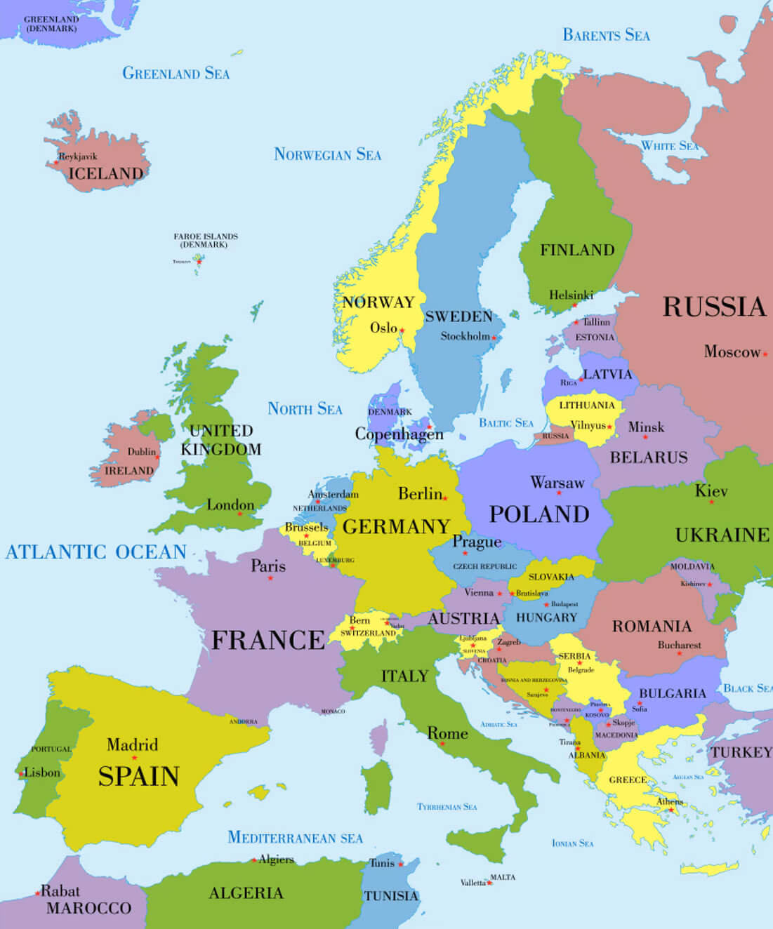 Europe map with country borders and cities