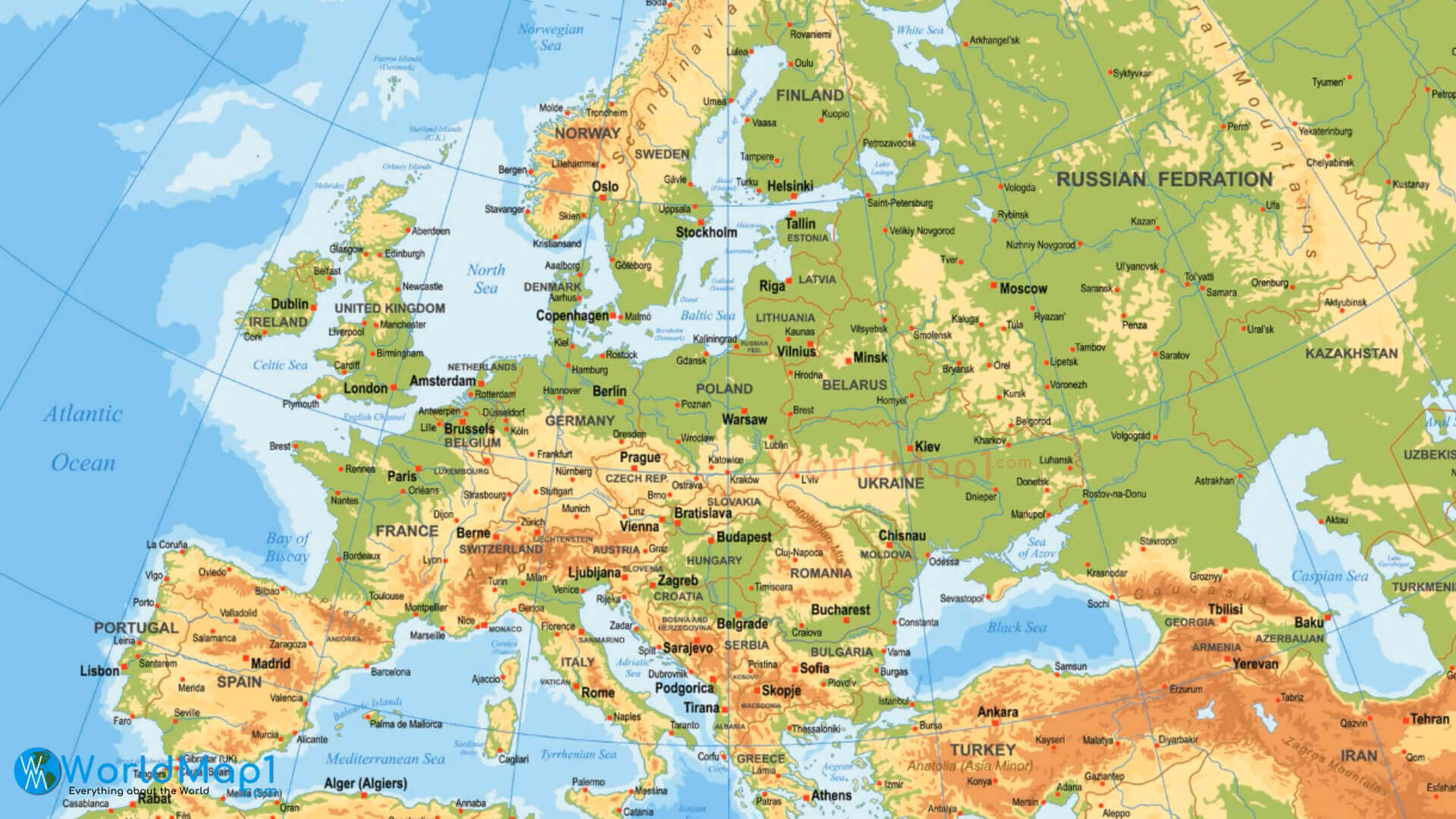 Europe physical map with cities