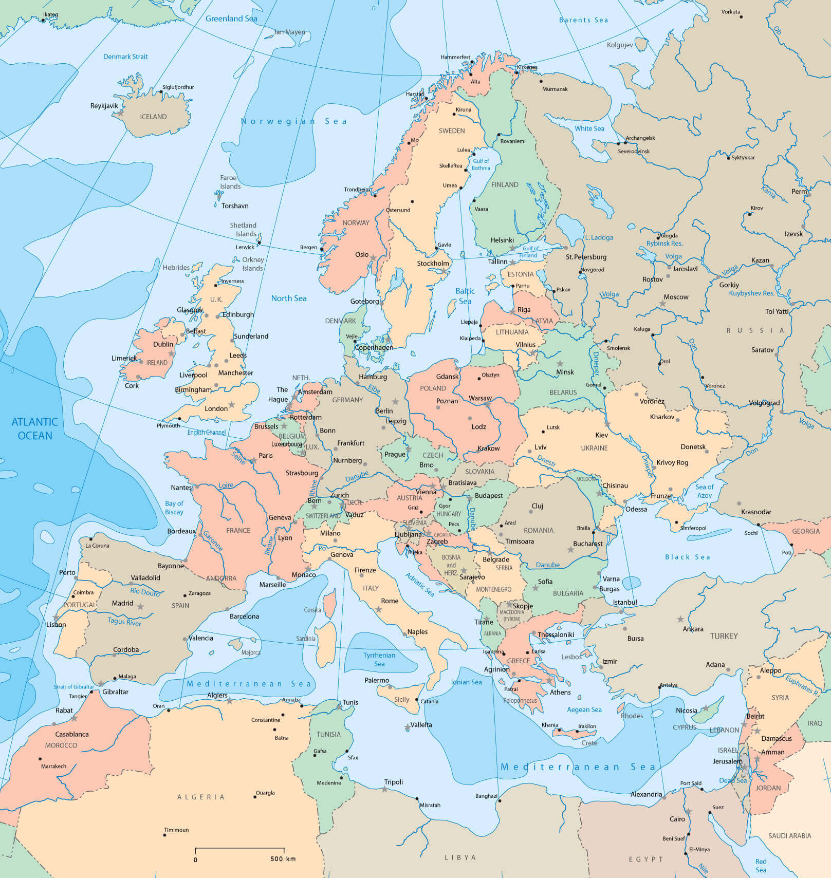 Europe political map with countries and rivers