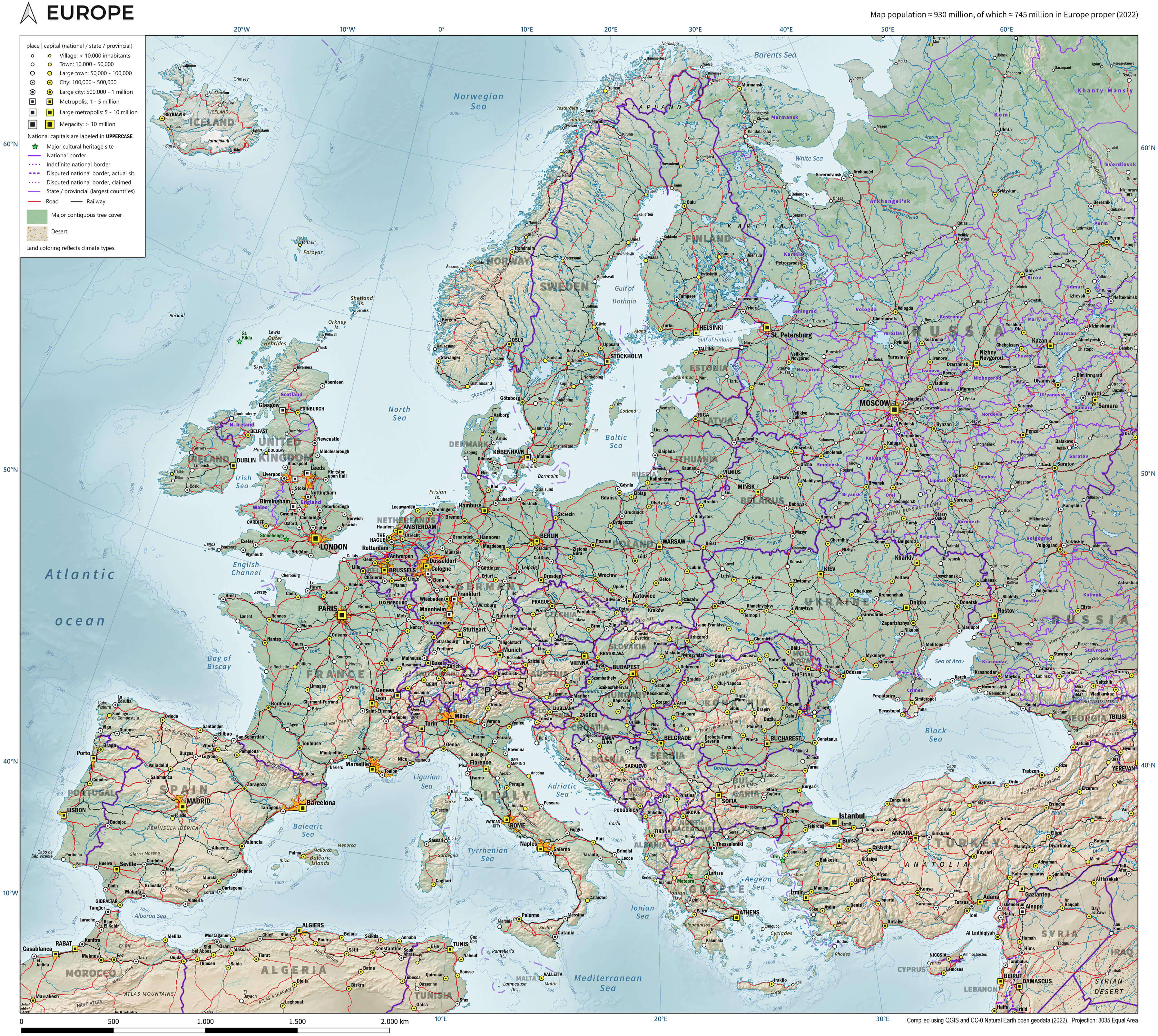 Europe topographic map with cities