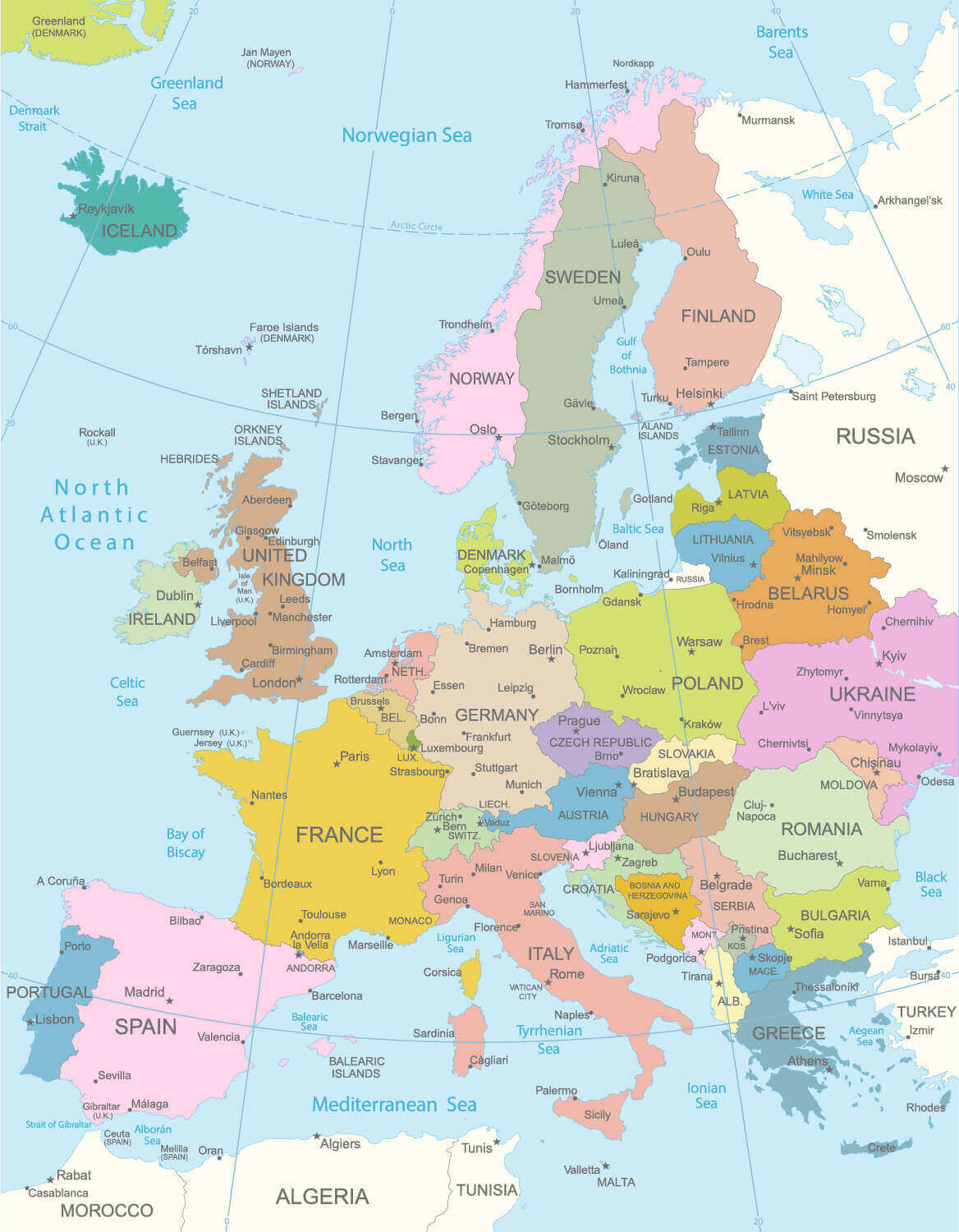 European countries and cities political map