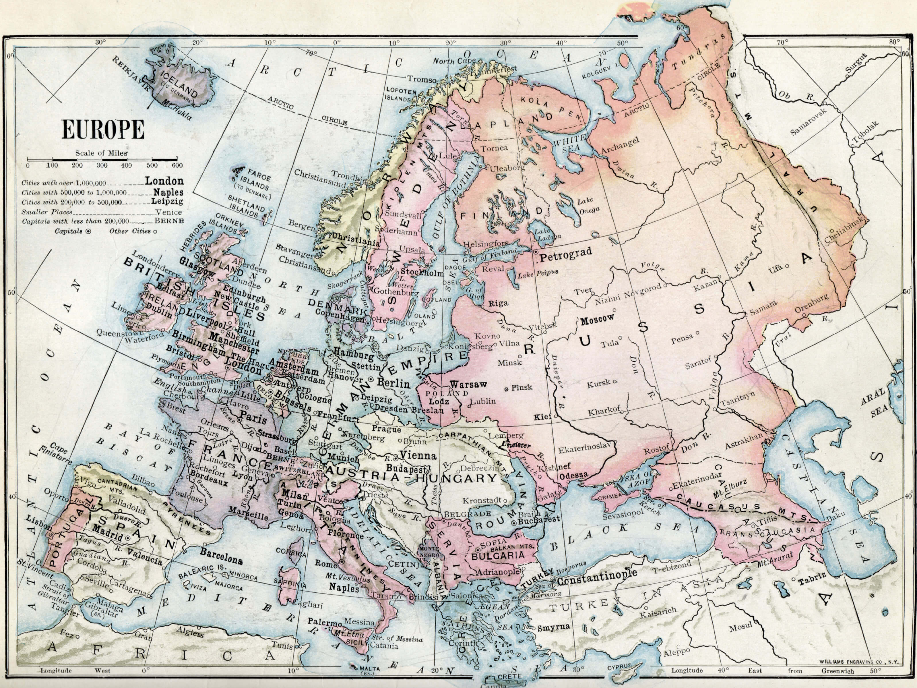 Major cities political map of Europe 1916