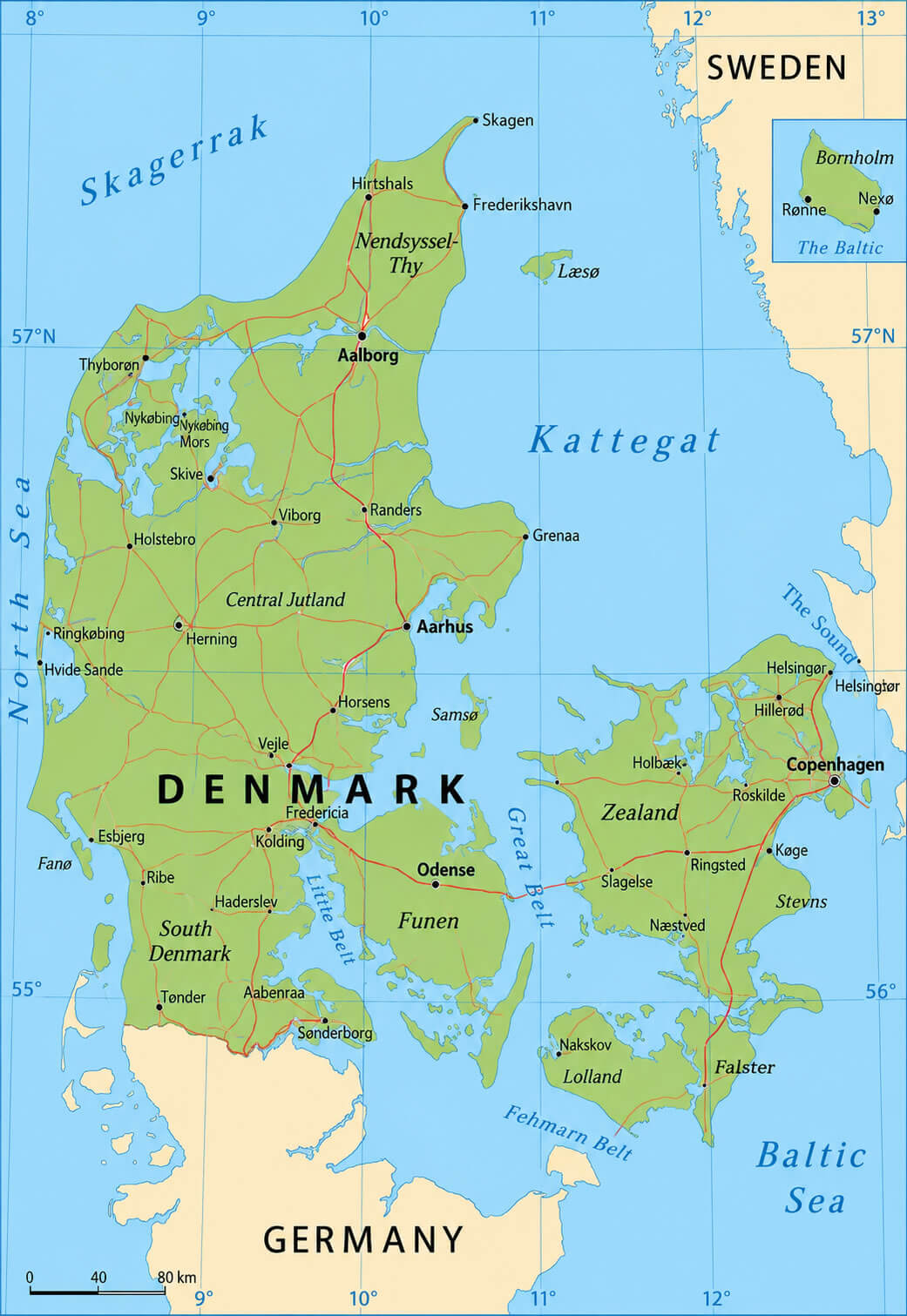 Denmark road map with cities
