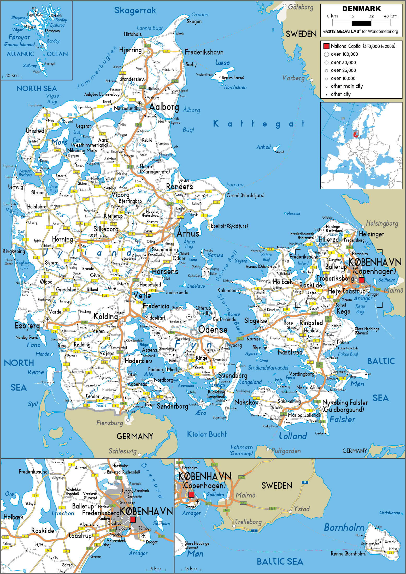 Denmark roads map with largest cities