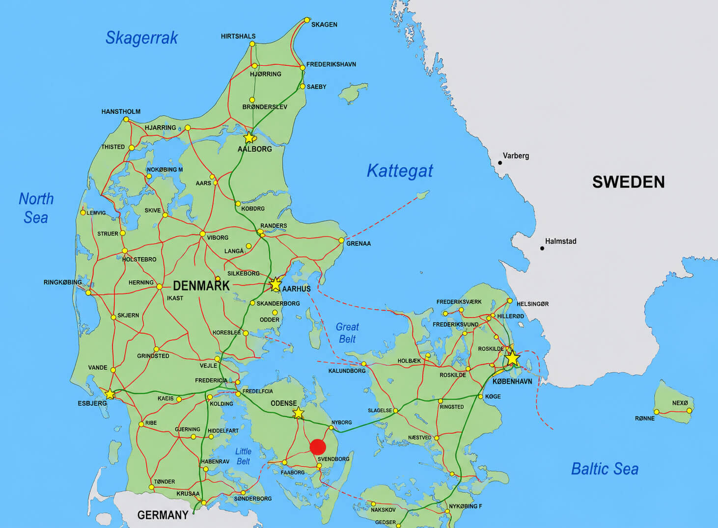 Denmark routes maps with main cities