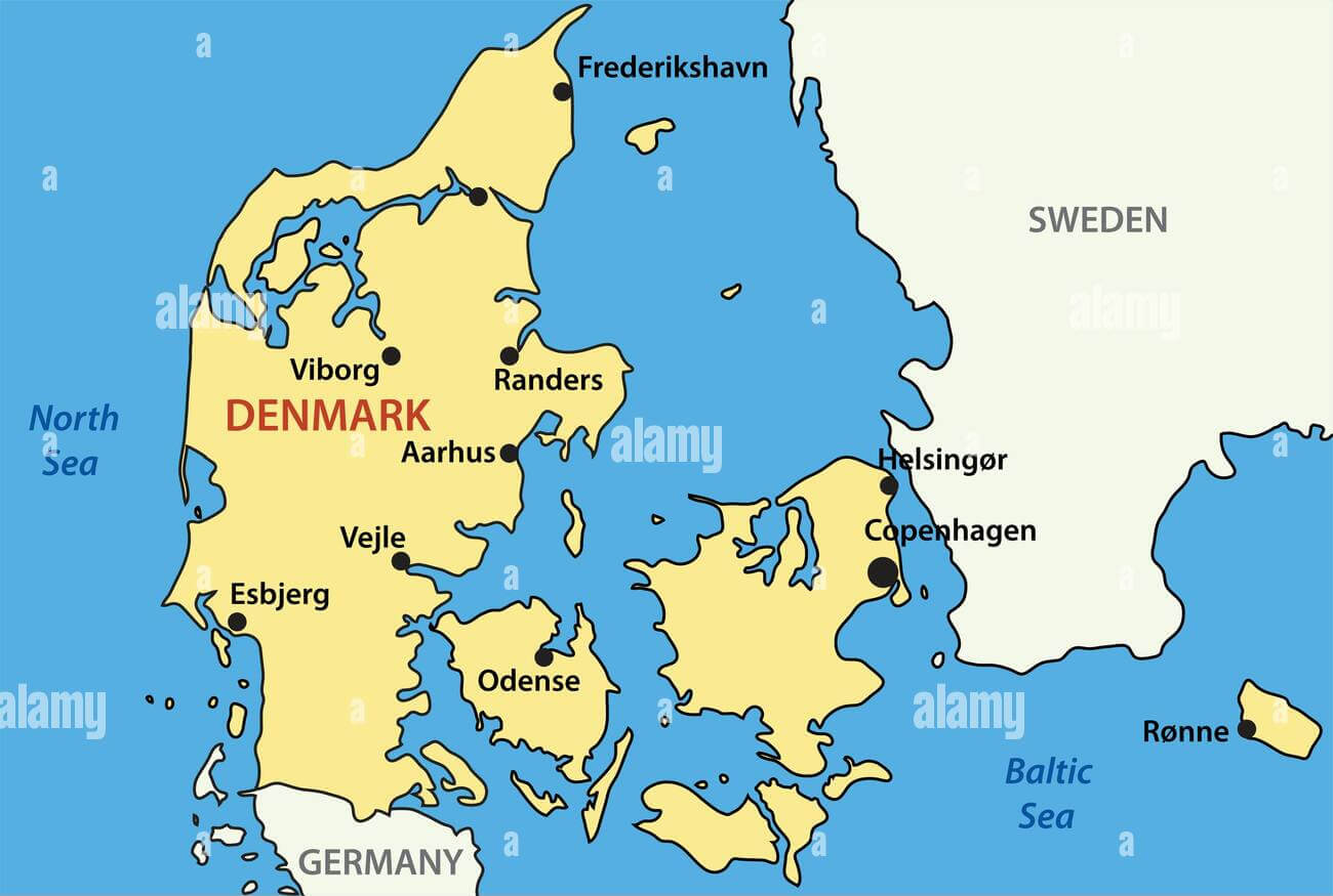Denmark main cities map with Copenhagen