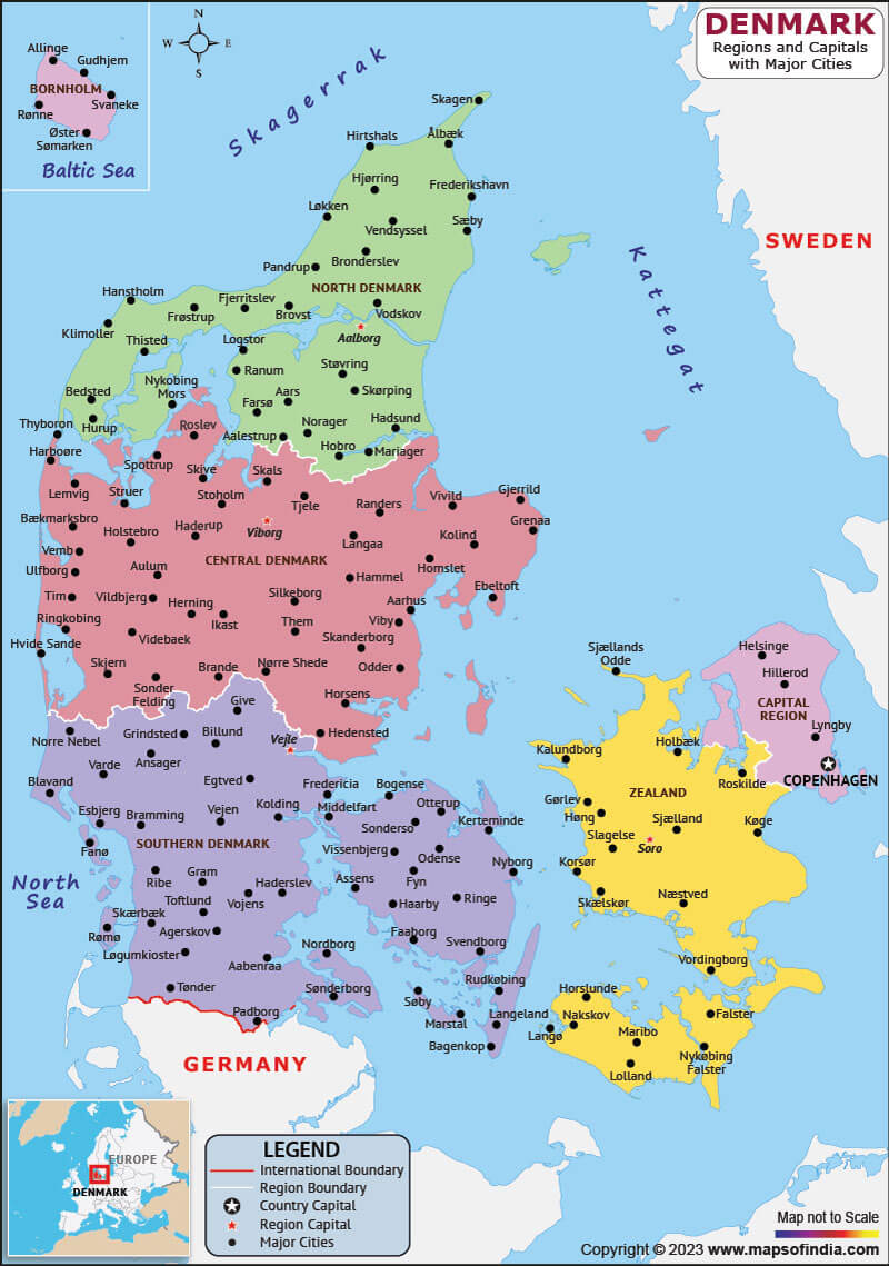 Denmark regions and capitals map with cities