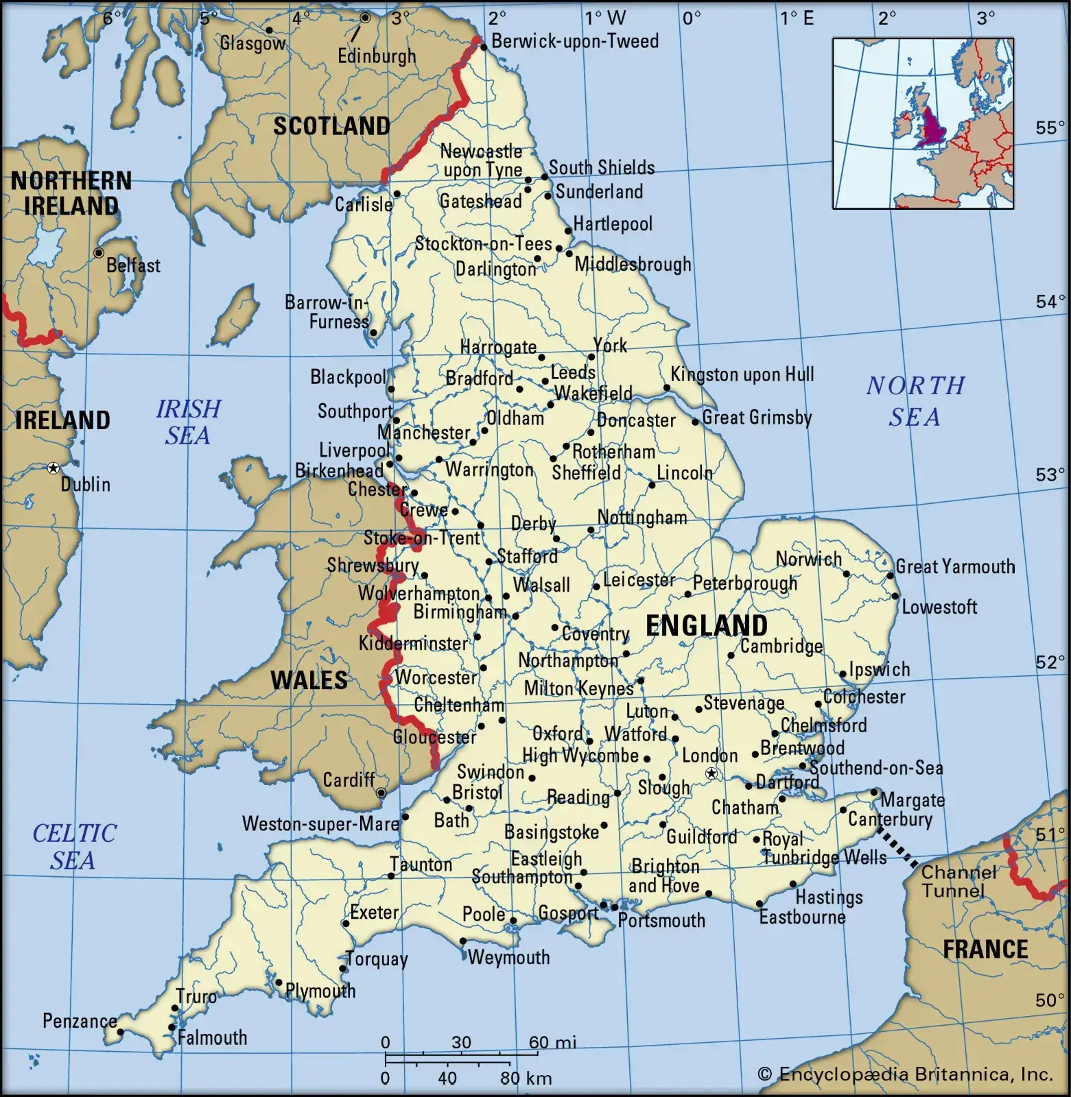 England cities map with rivers