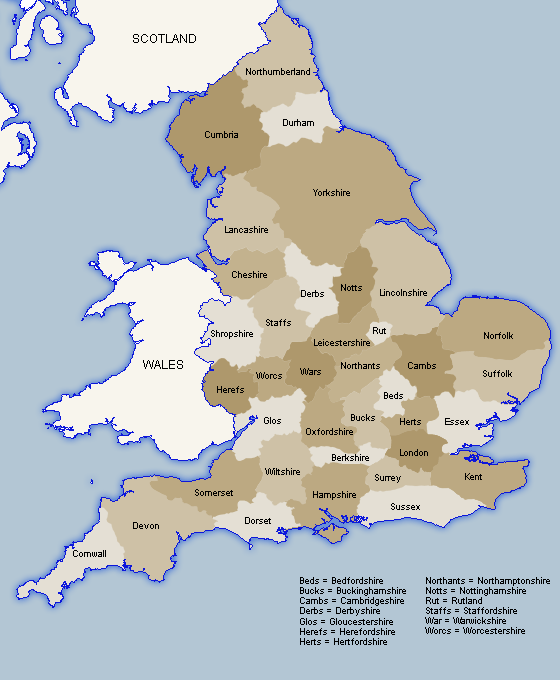 England county map with cities