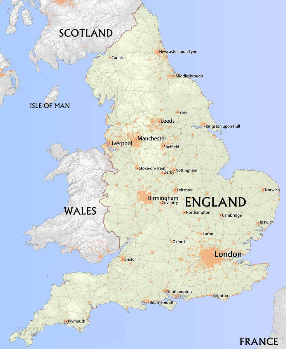 England largest cities map