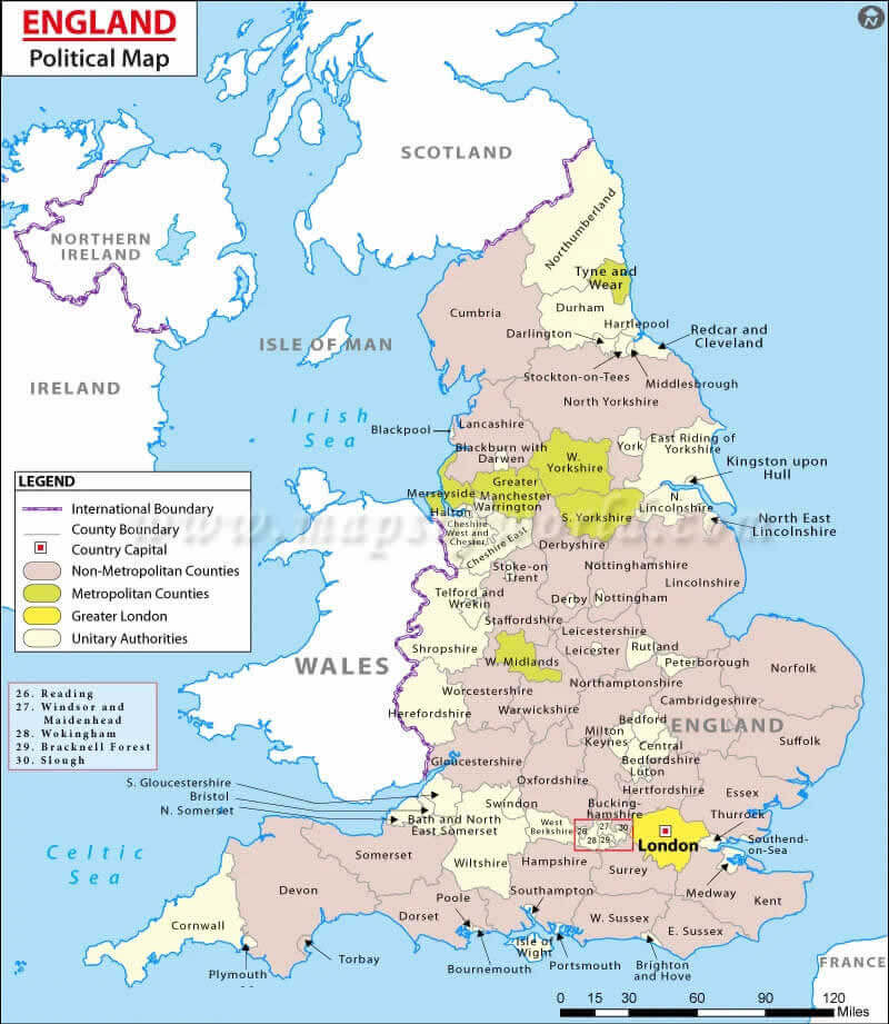 England political map with cities