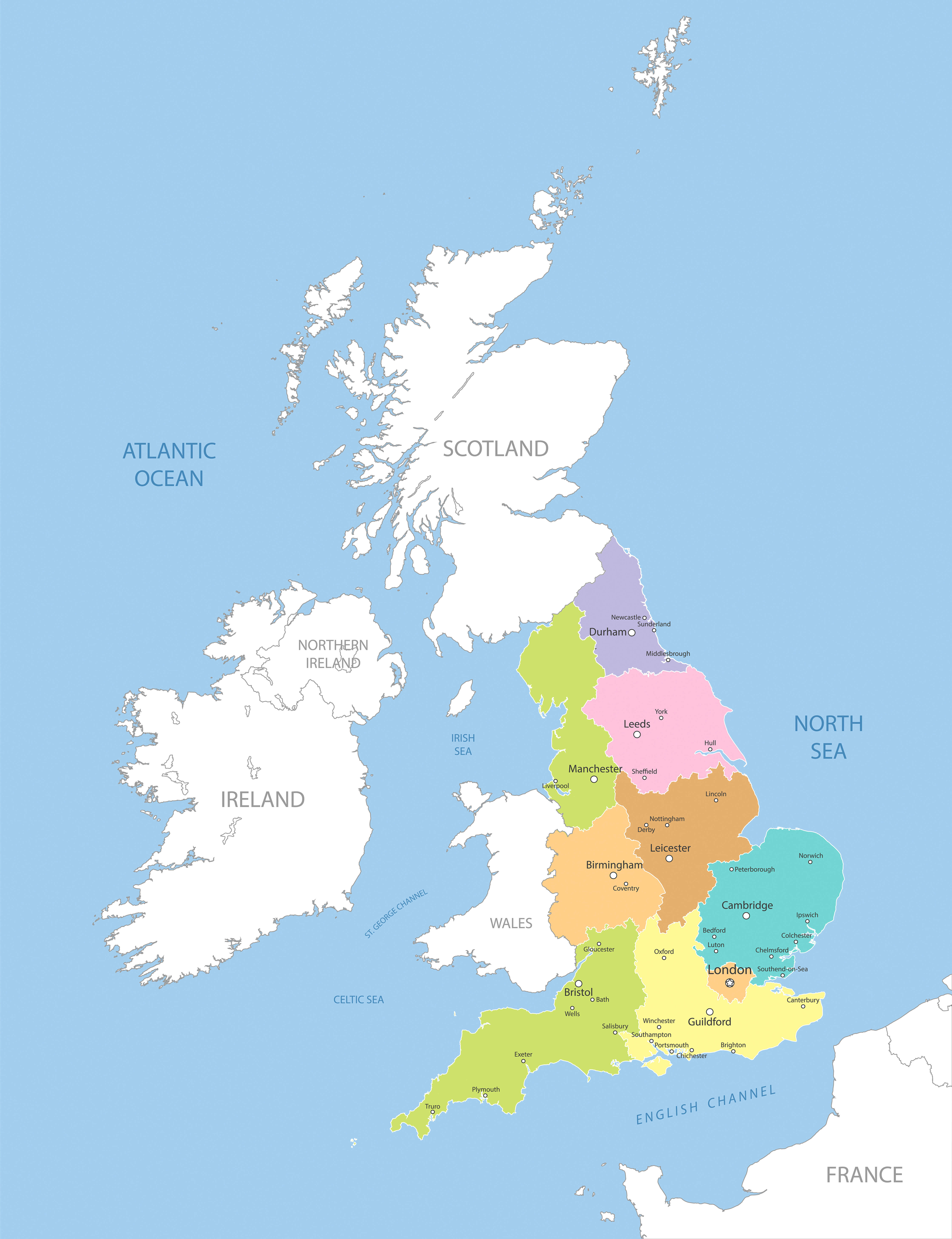 England regions map with cities