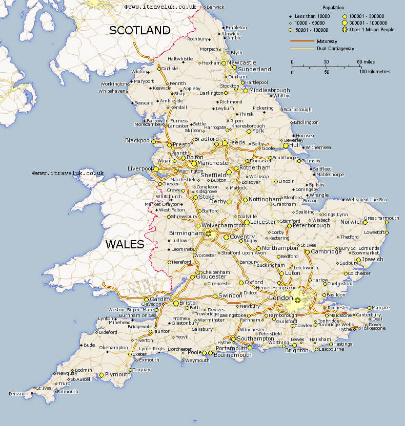 Map of England with cities and roads
