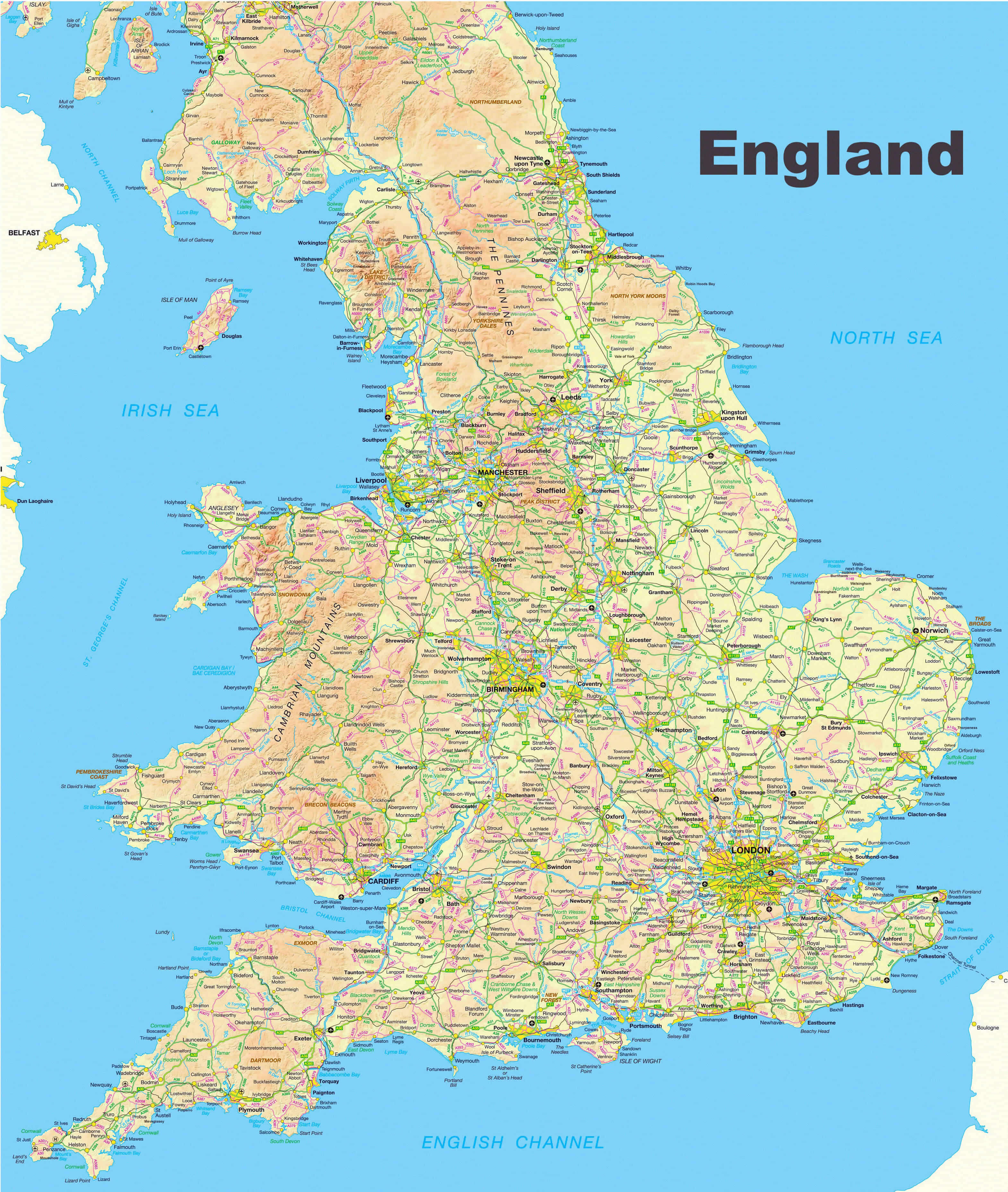 Physical map of England with cities and roads
