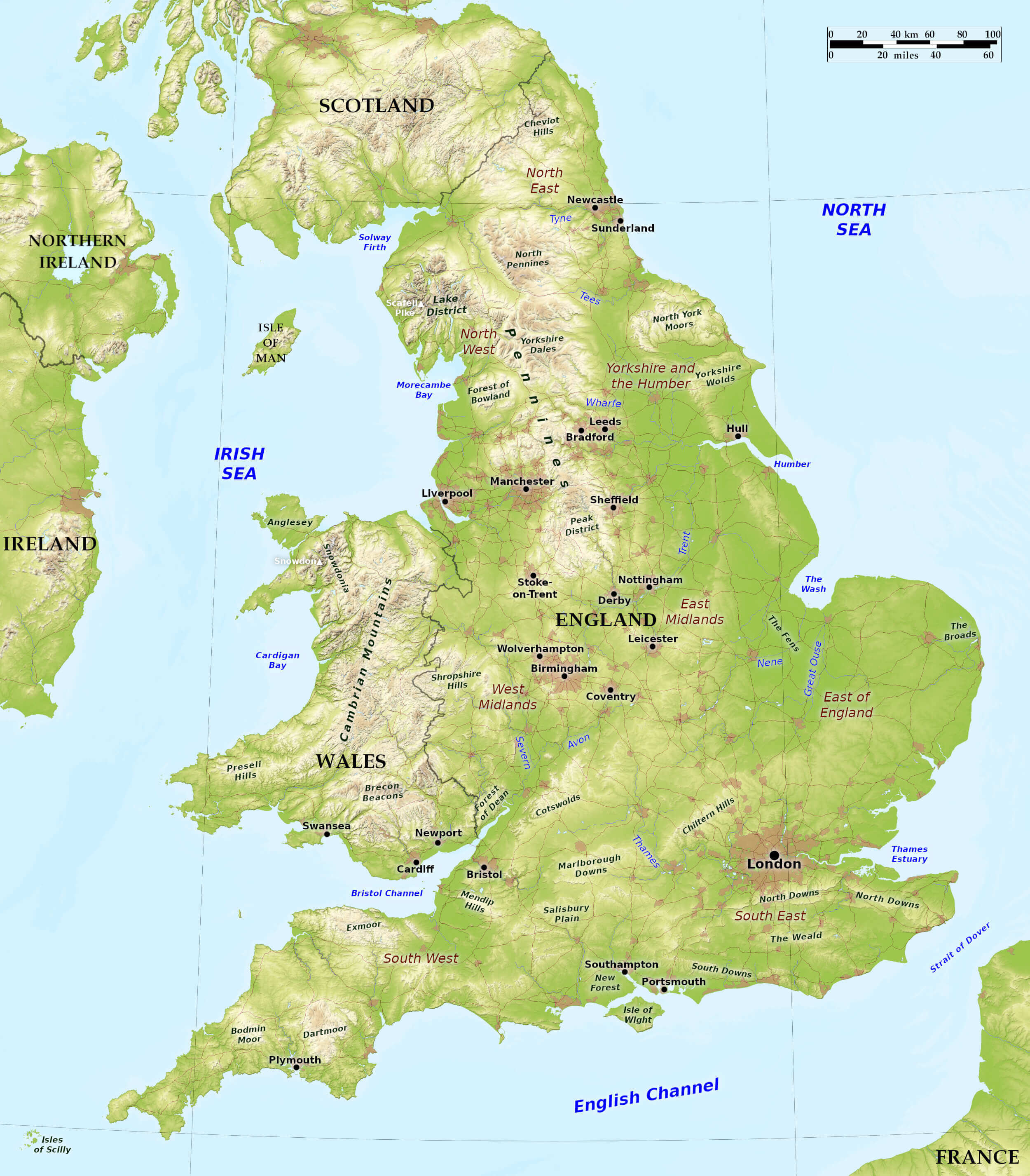 Relief map of England with metro cities