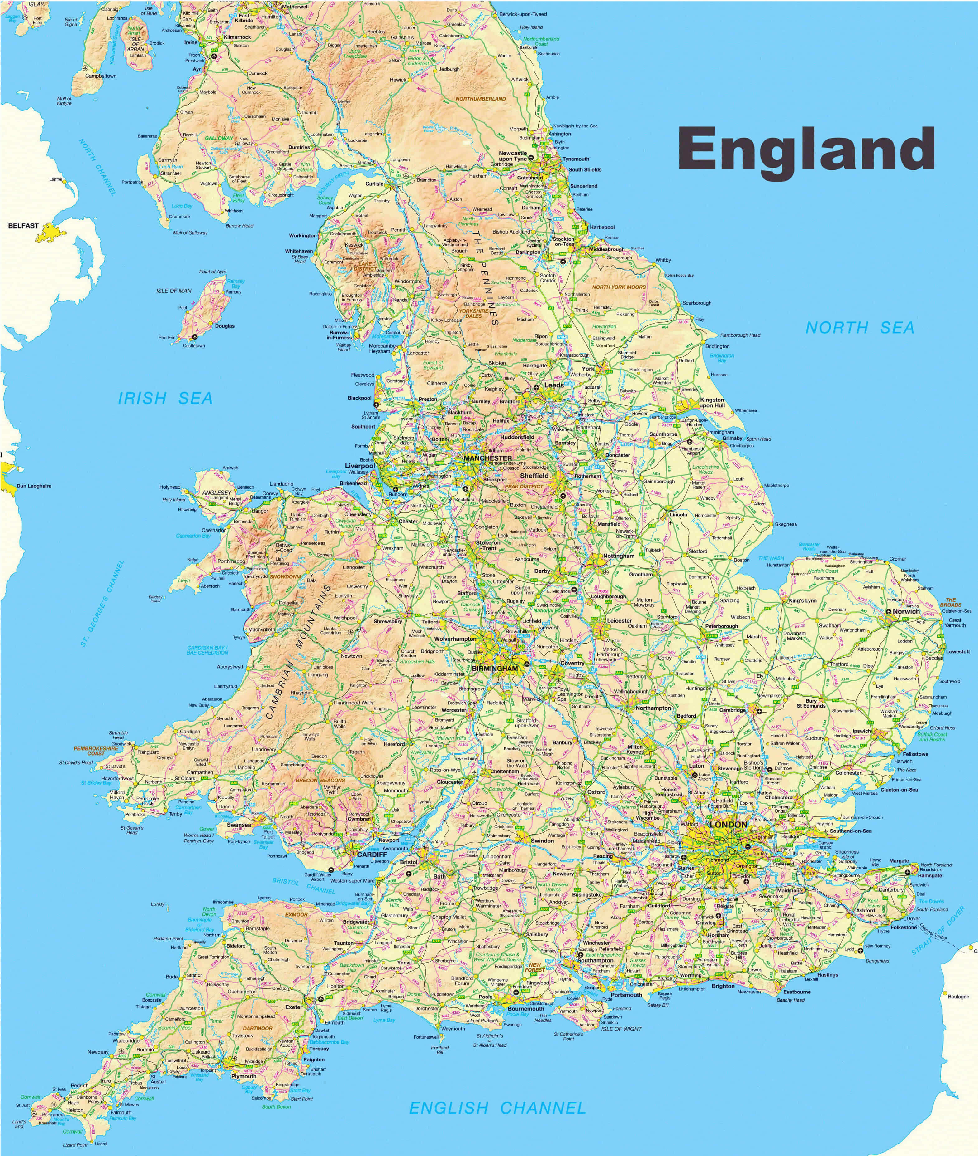 Detailed physical map of England with cities and roads