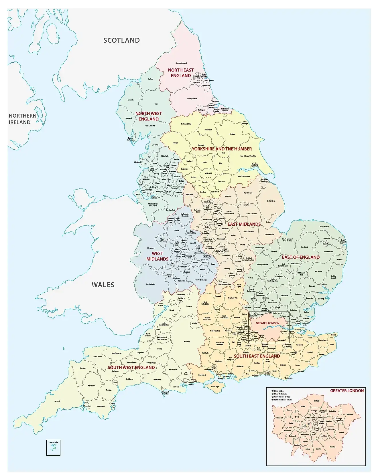 England large administration map with cities
