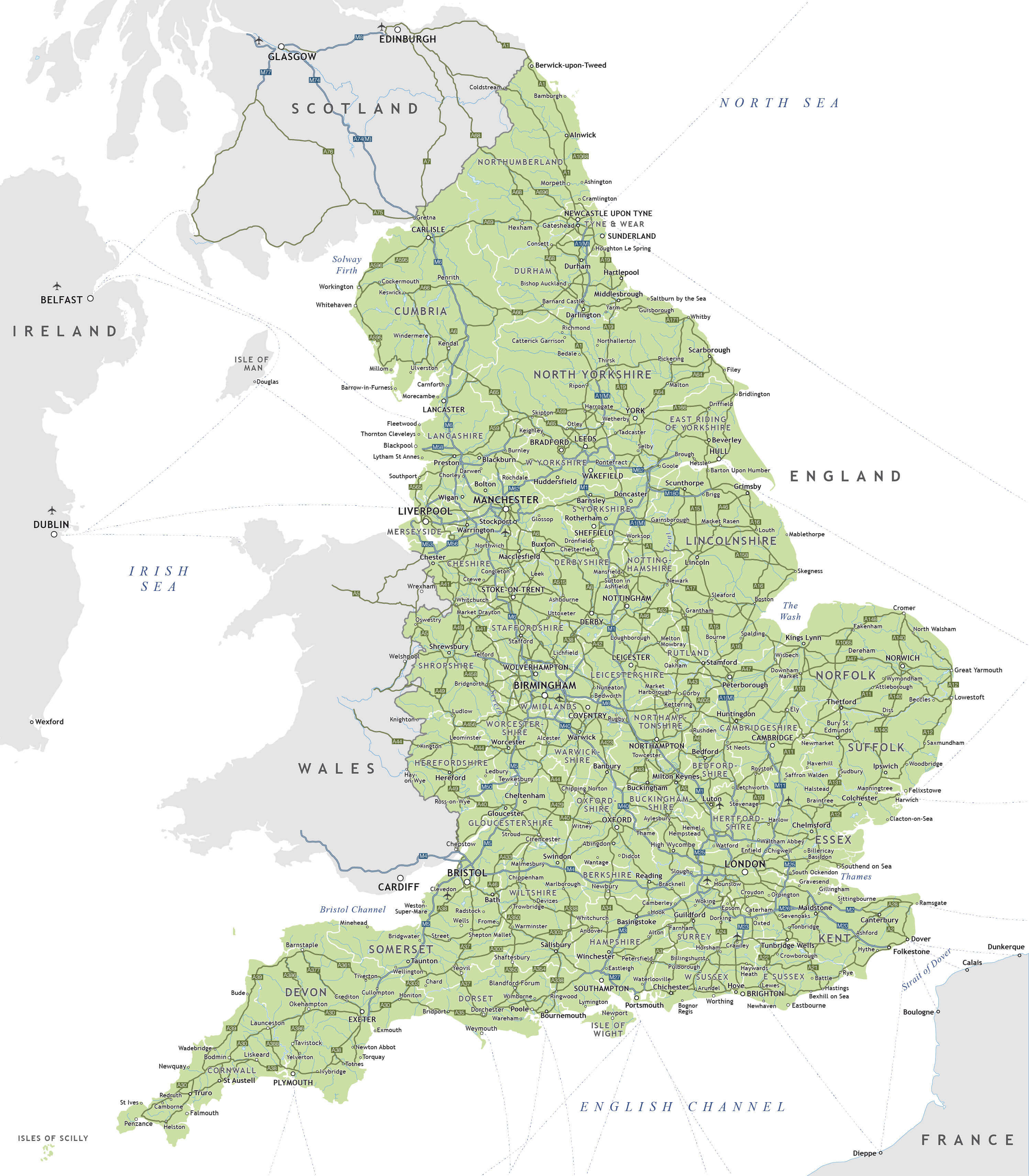 Large England cities map with routes