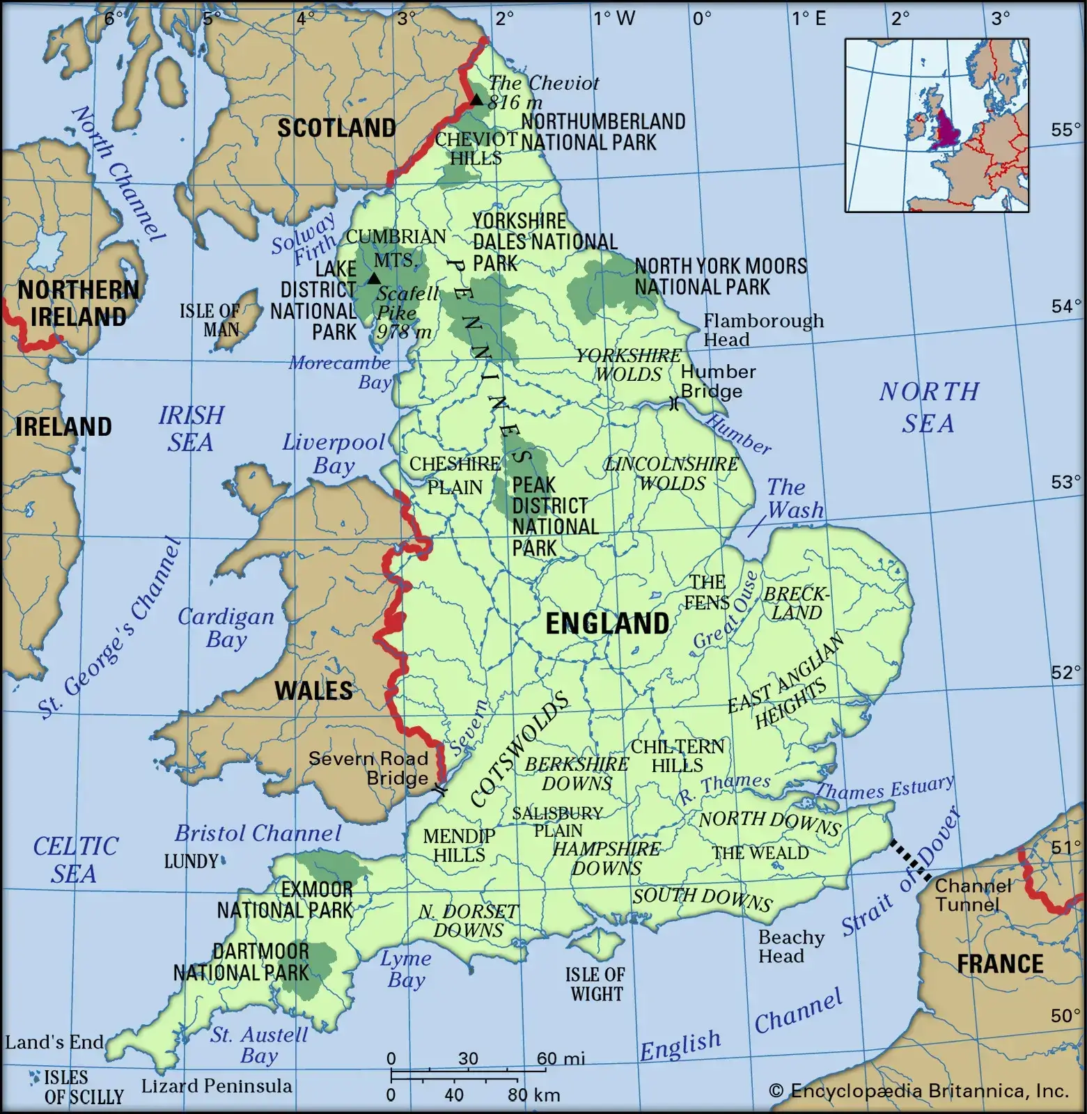 Large England features map with national parks and rivers