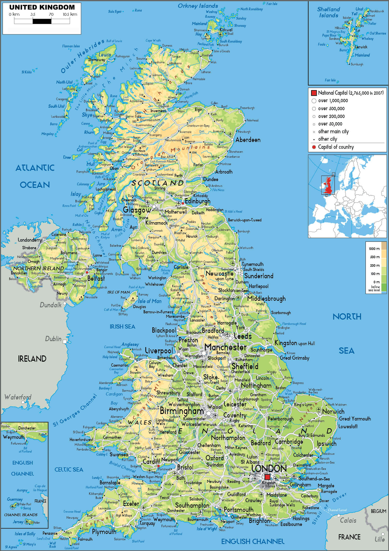 UK and England physical map with main roads