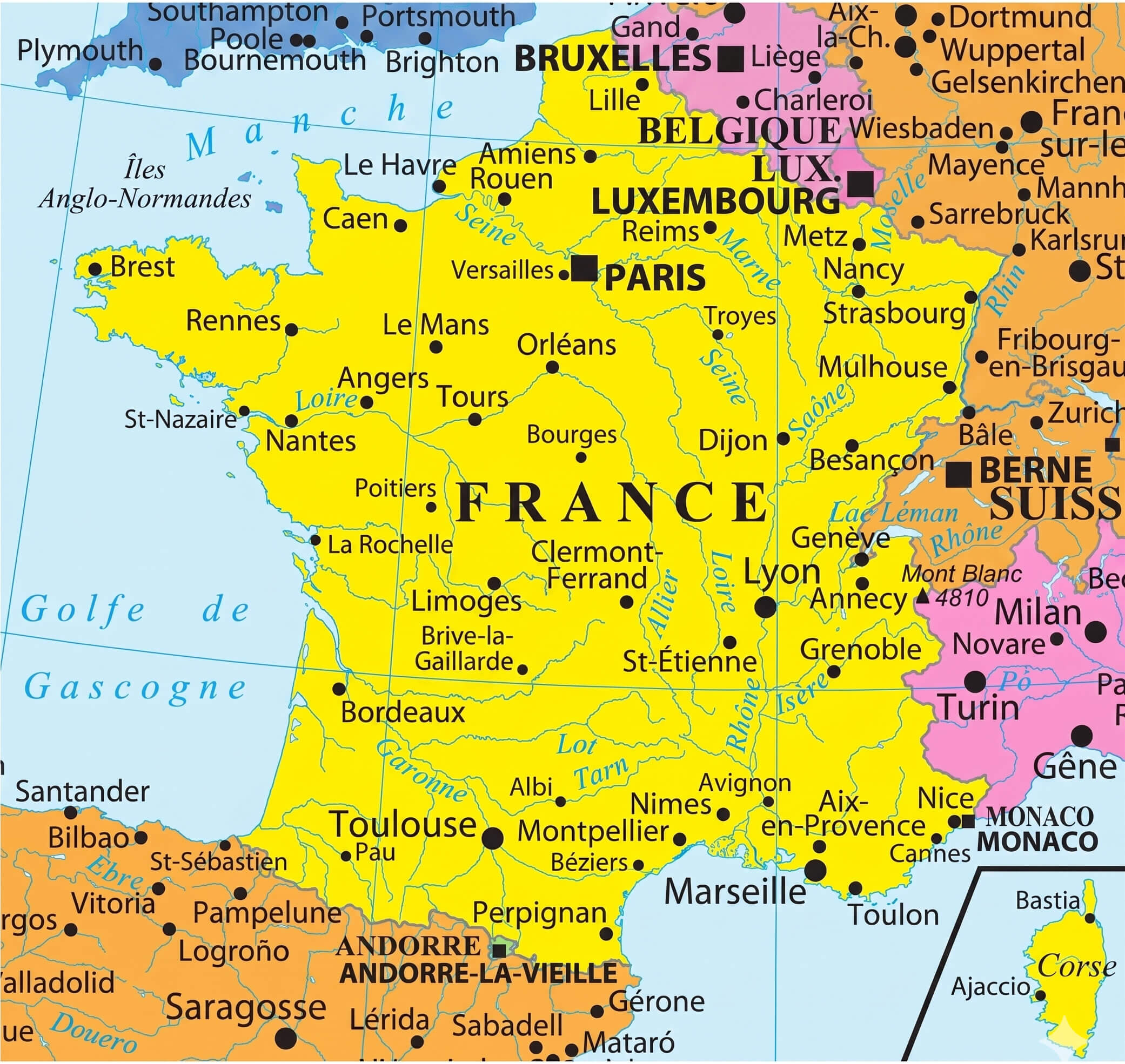 France political map with cities and rivers