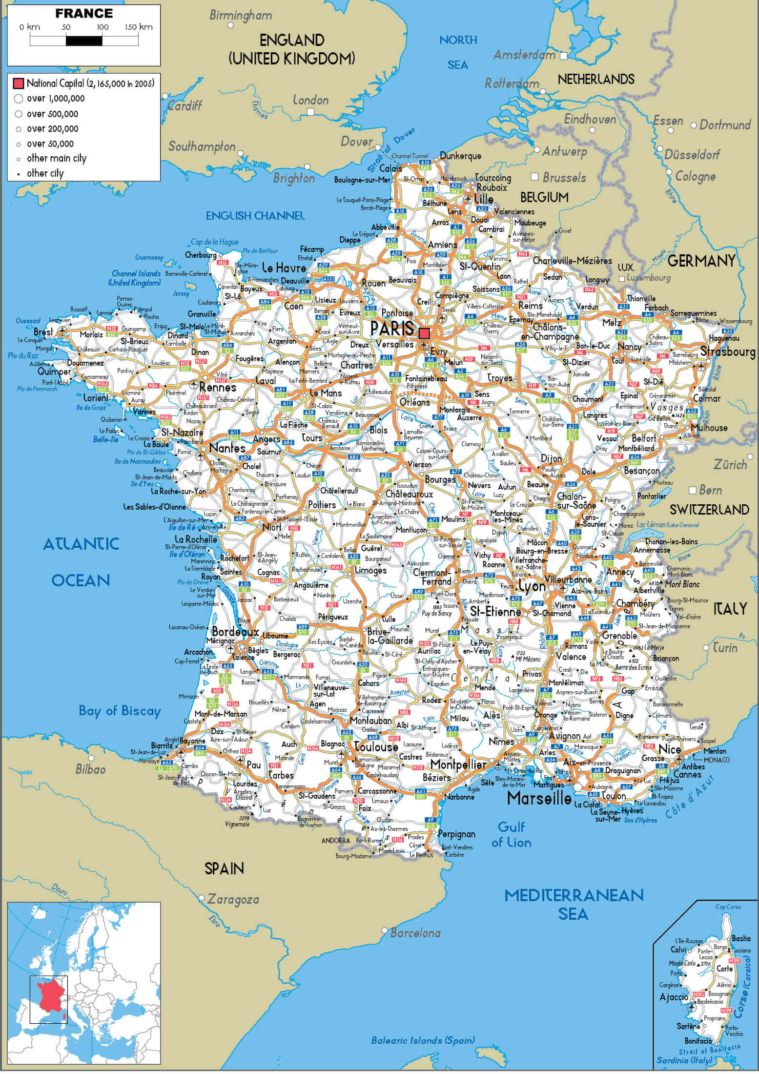 Detailed main road map of France with cities