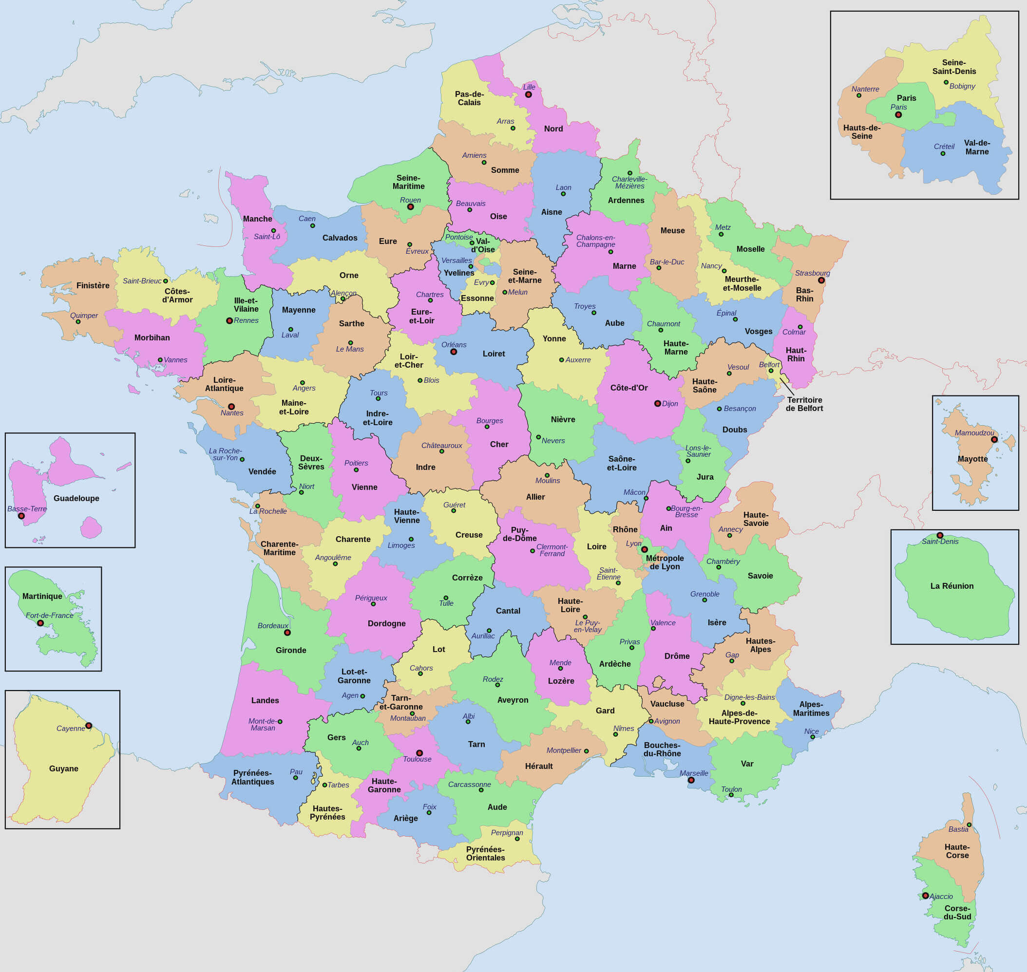 France cities and regions map with French territories