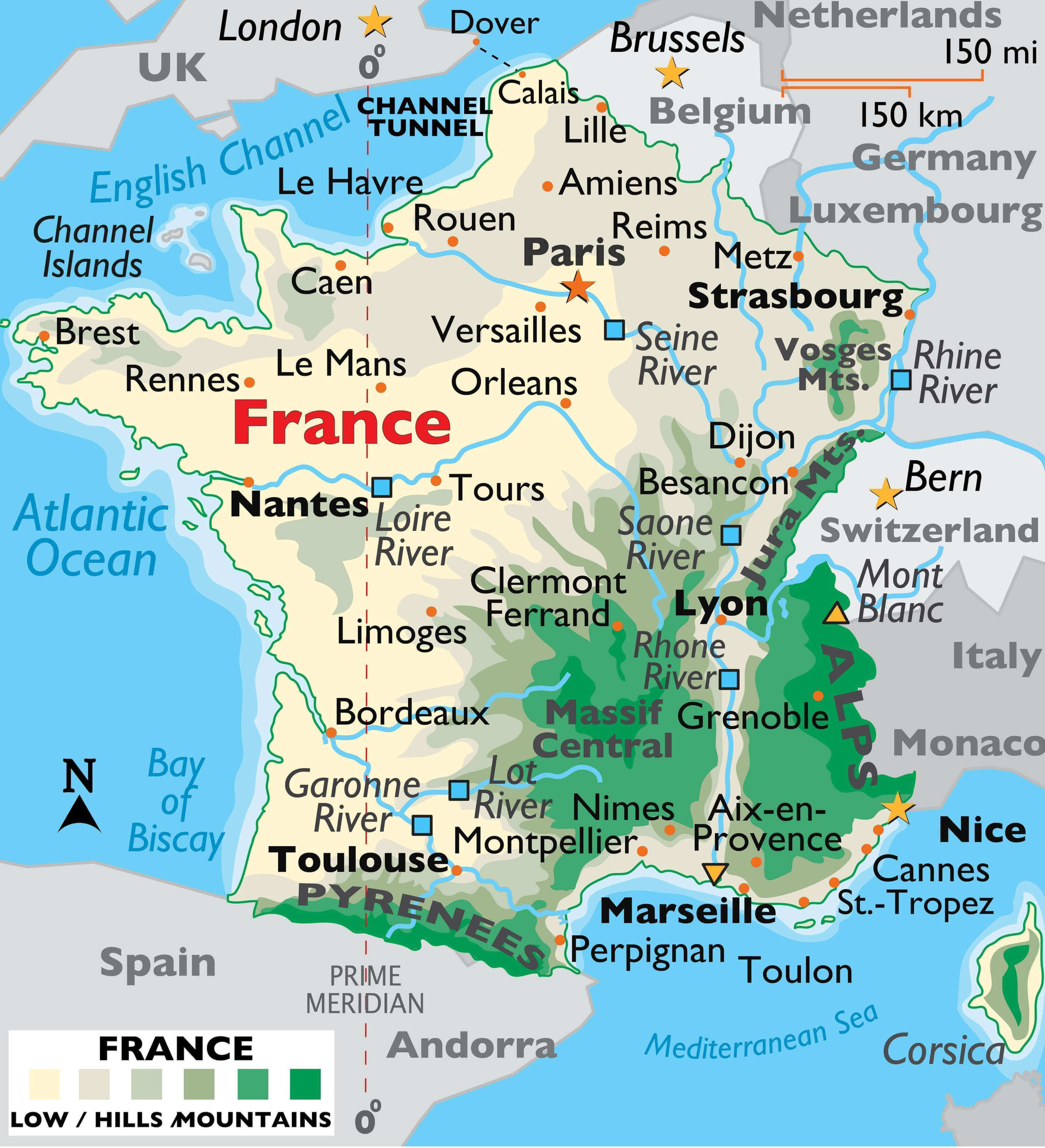 France High-Resolution Map 28 France elevation map with major cities rivers