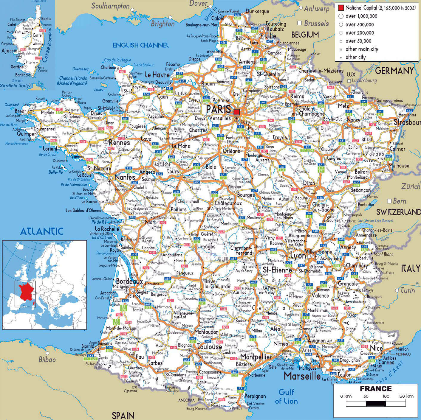 France large cities map with roads