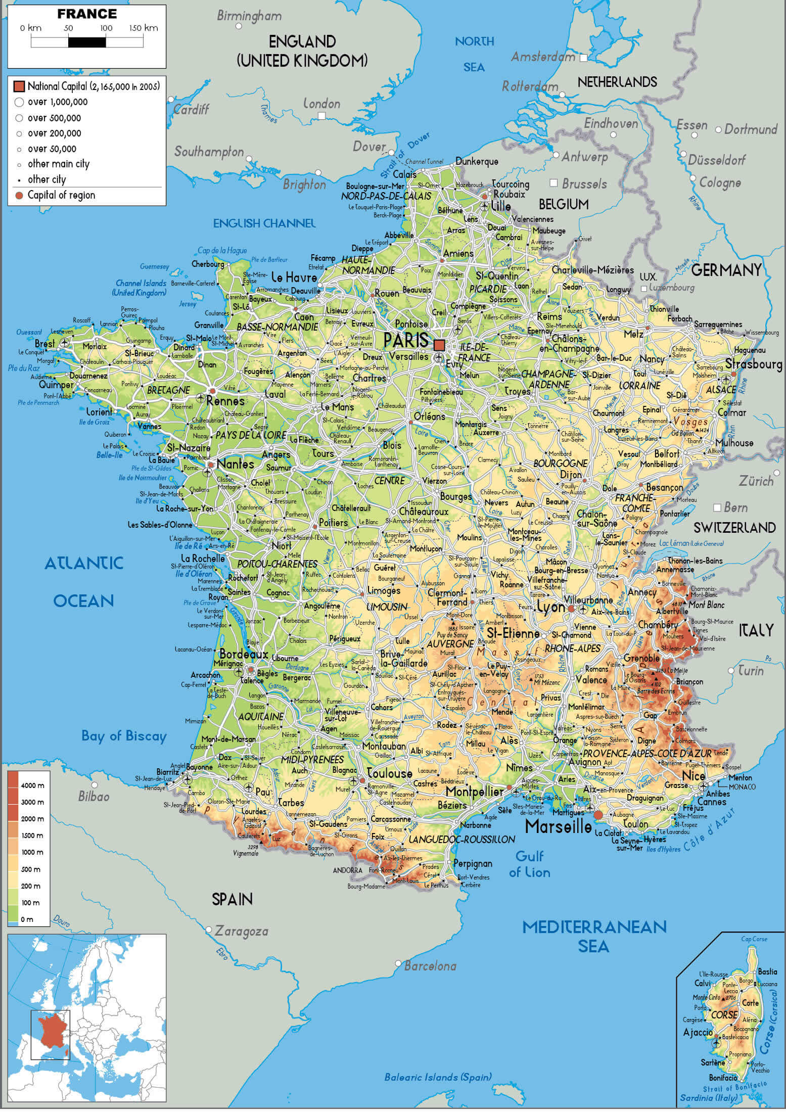 France physical map with cities and roads
